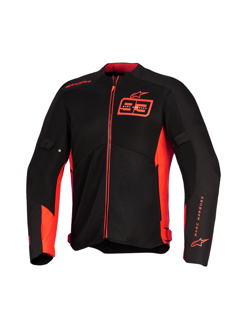 Alpinestars MM93 C-1 Air Jacket, kurtka motocyklowa, czarna z jaskrawymi i fluorescencyjnymi czerwonymi akcentami, logo Marc Marquez 93 na klatce piersiowej i rękawie, techniczne panele siatkowe dla przepływu powietrza, elegancki miejski design