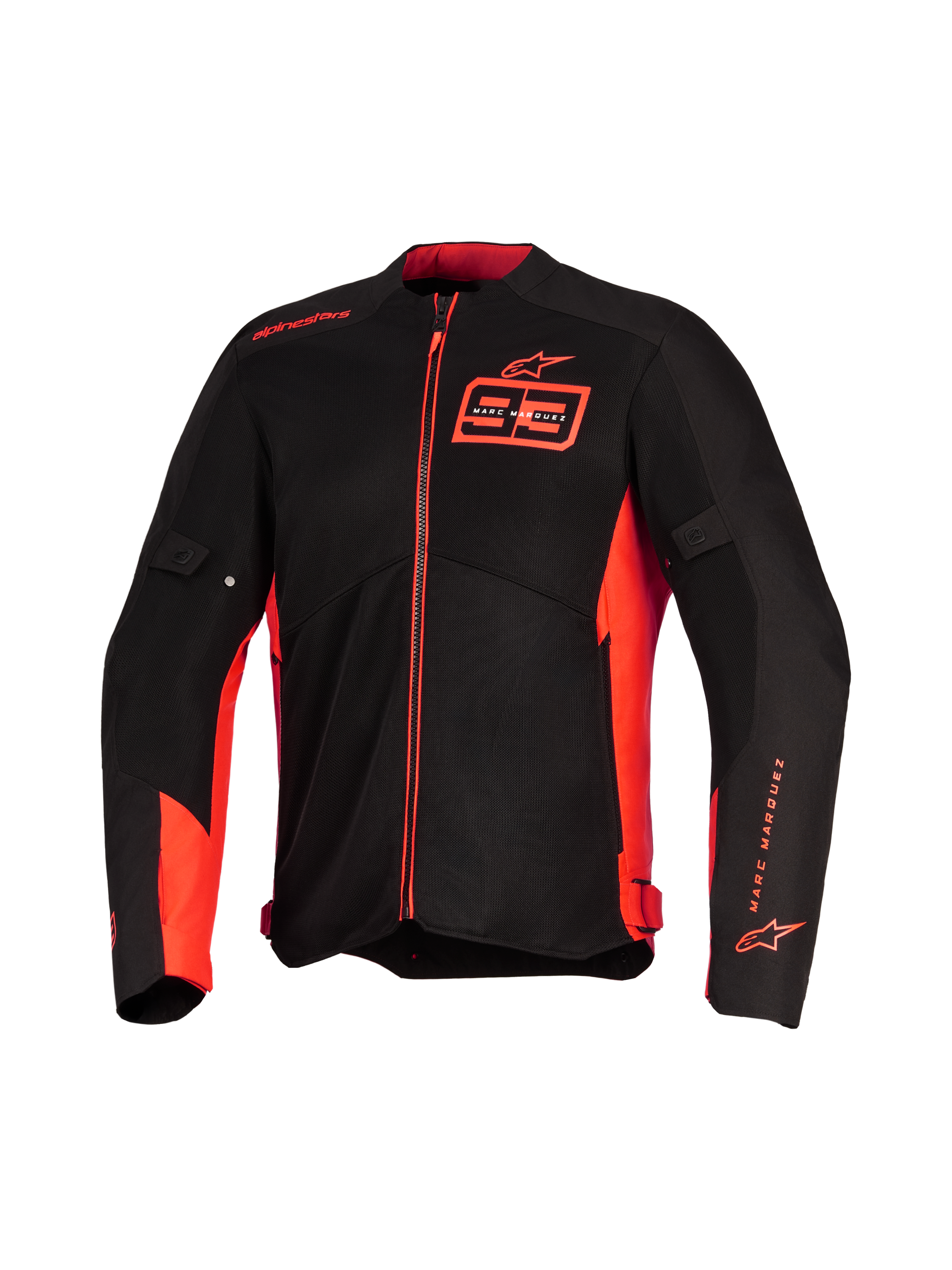Alpinestars MM93 C-1 Air Jacket, kurtka motocyklowa, czarna z jaskrawymi i fluorescencyjnymi czerwonymi akcentami, logo Marc Marquez 93 na klatce piersiowej i rękawie, techniczne panele siatkowe dla przepływu powietrza, elegancki miejski design