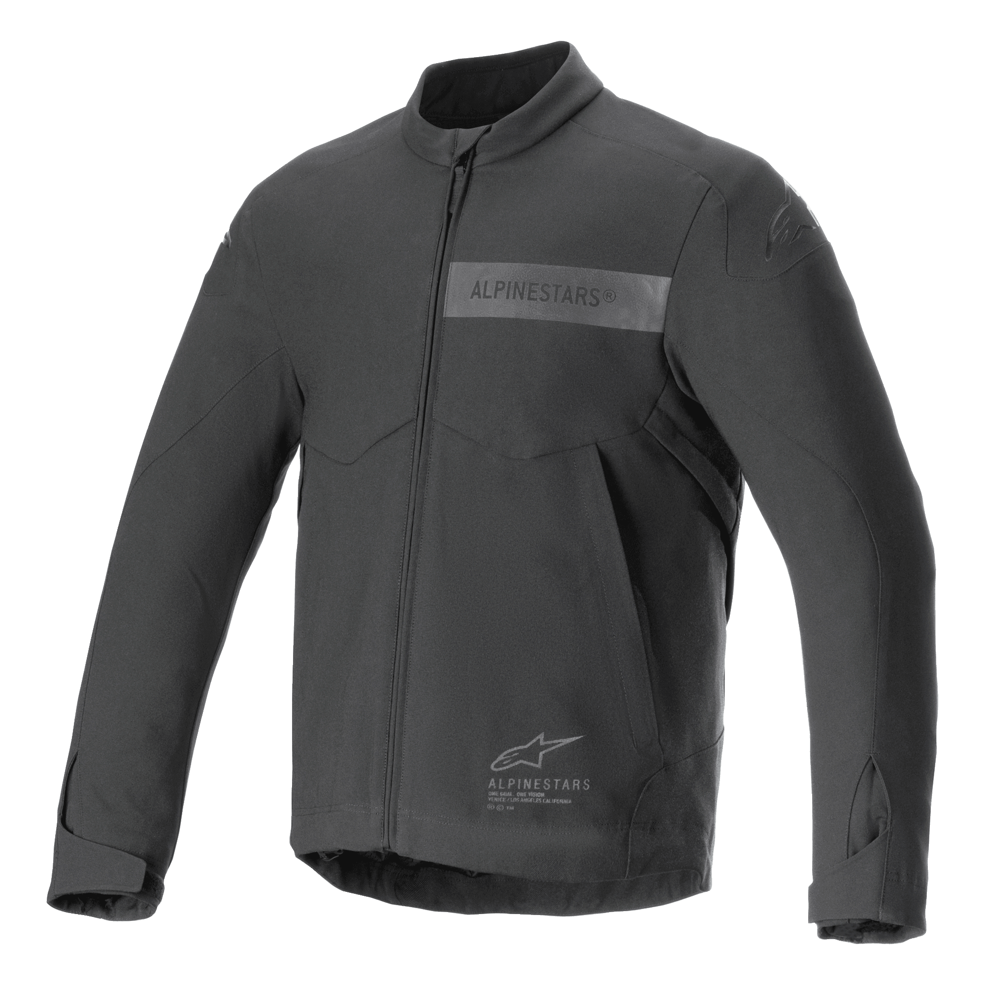 Alpinestars Aeron Jacket, kurtka motocyklowa, czarna, minimalistyczny letni design, wysoki kołnierz, pełny zamek błyskawiczny z przodu, stonowane logo Alpinestars na klatce piersiowej, regulowane mankiety