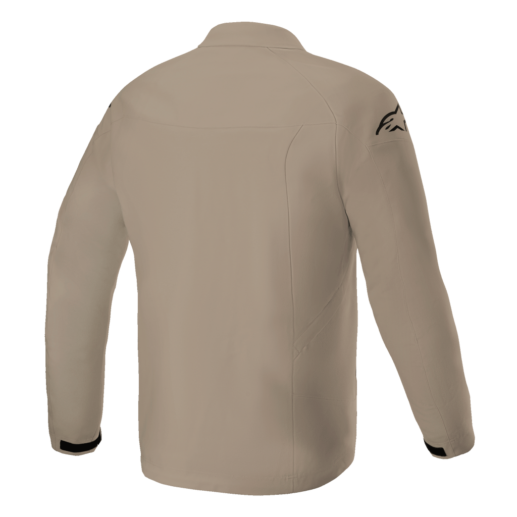 Kurtka Alpinestars Aeron, kurtka motocyklowa, beżowa, widok z tyłu ukazujący minimalistyczny miejski design, oddychająca tekstylna konstrukcja z czarnym logo na ramieniu i czarnymi akcentami na mankietach