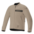 Alpinestars Aeron Jacket, miejska kurtka motocyklowa, beżowa i czarna, minimalistyczna konstrukcja tekstylna z pasem z logo na klatce piersiowej, zamkiem z przodu i regulowanymi mankietami