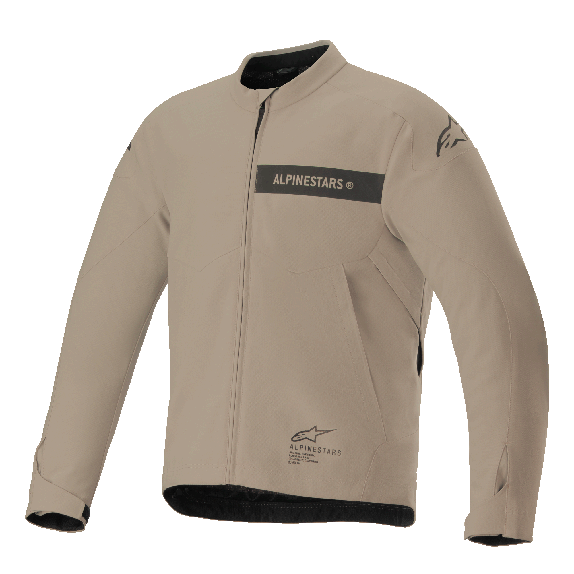 Alpinestars Aeron Jacket, miejska kurtka motocyklowa, beżowa i czarna, minimalistyczna konstrukcja tekstylna z pasem z logo na klatce piersiowej, zamkiem z przodu i regulowanymi mankietami