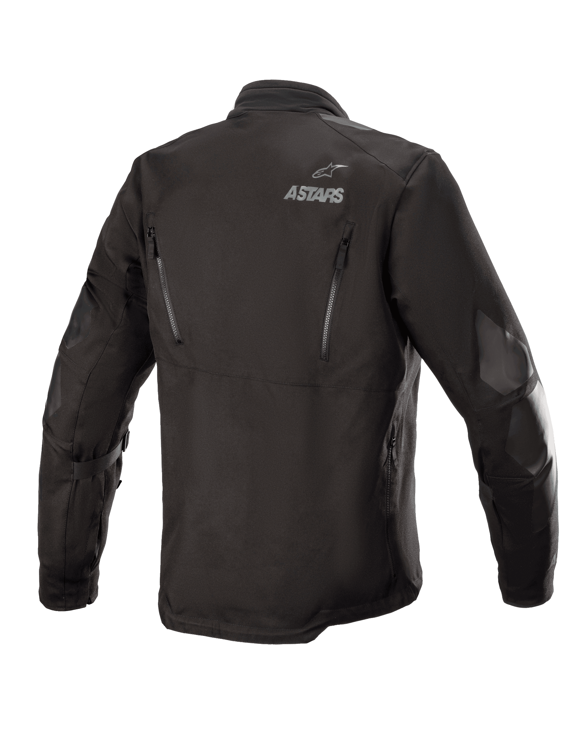 Alpinestars Venture XT Jacket, czarna, widok z tyłu tekstylnej kurtki motocyklowej adventure touring, logo ASTARS na ramieniu, pionowe zamki wentylacyjne na plecach, wzmocnienia z folii PU na rękawach