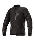 Alpinestars Venture XT Jacket, czarna tekstylna kurtka motocyklowa, widok z przodu ukazujący zapinaną na zamek kieszeń na piersi i duże otwory wentylacyjne na rękawach, regulowane paski na rękawach, wysoki kołnierz, wodoodporna konstrukcja do adventure touring.