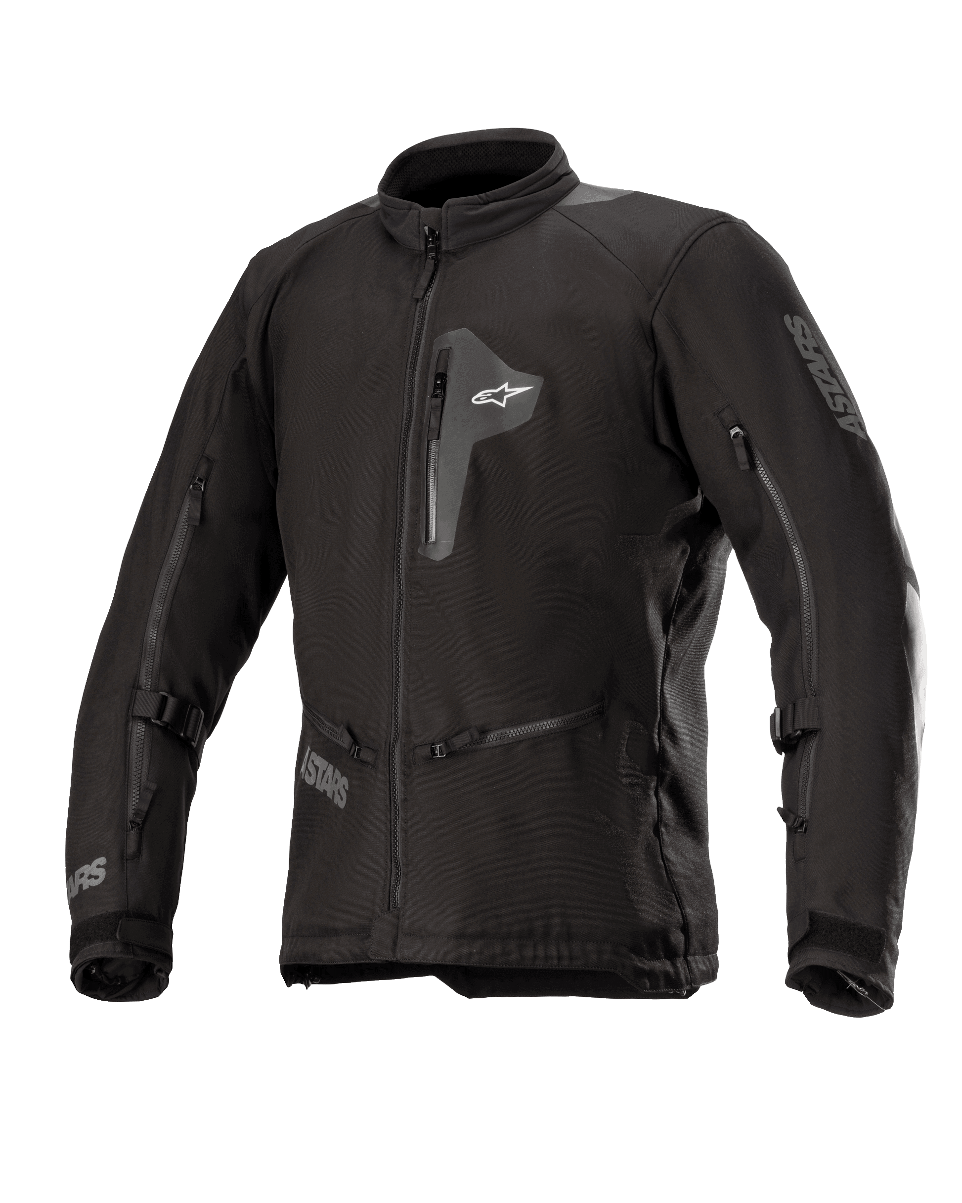 Alpinestars Venture XT Jacket, czarna tekstylna kurtka motocyklowa, widok z przodu ukazujący zapinaną na zamek kieszeń na piersi i duże otwory wentylacyjne na rękawach, regulowane paski na rękawach, wysoki kołnierz, wodoodporna konstrukcja do adventure touring.