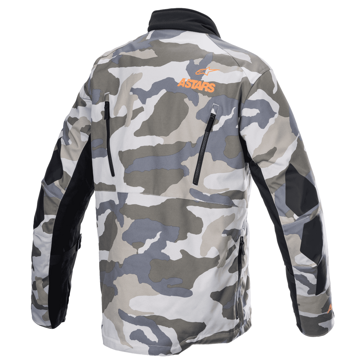 Kurtka Alpinestars Venture XT, Mojave Camo Orange Fluo, widok z tyłu, szaro-biały wzór kamuflażu, pomarańczowe logo ASTARS w górnej części pleców, czarne zamki wentylacyjne, wzmocnione panele na rękawach, motocyklowa kurtka adventure touring