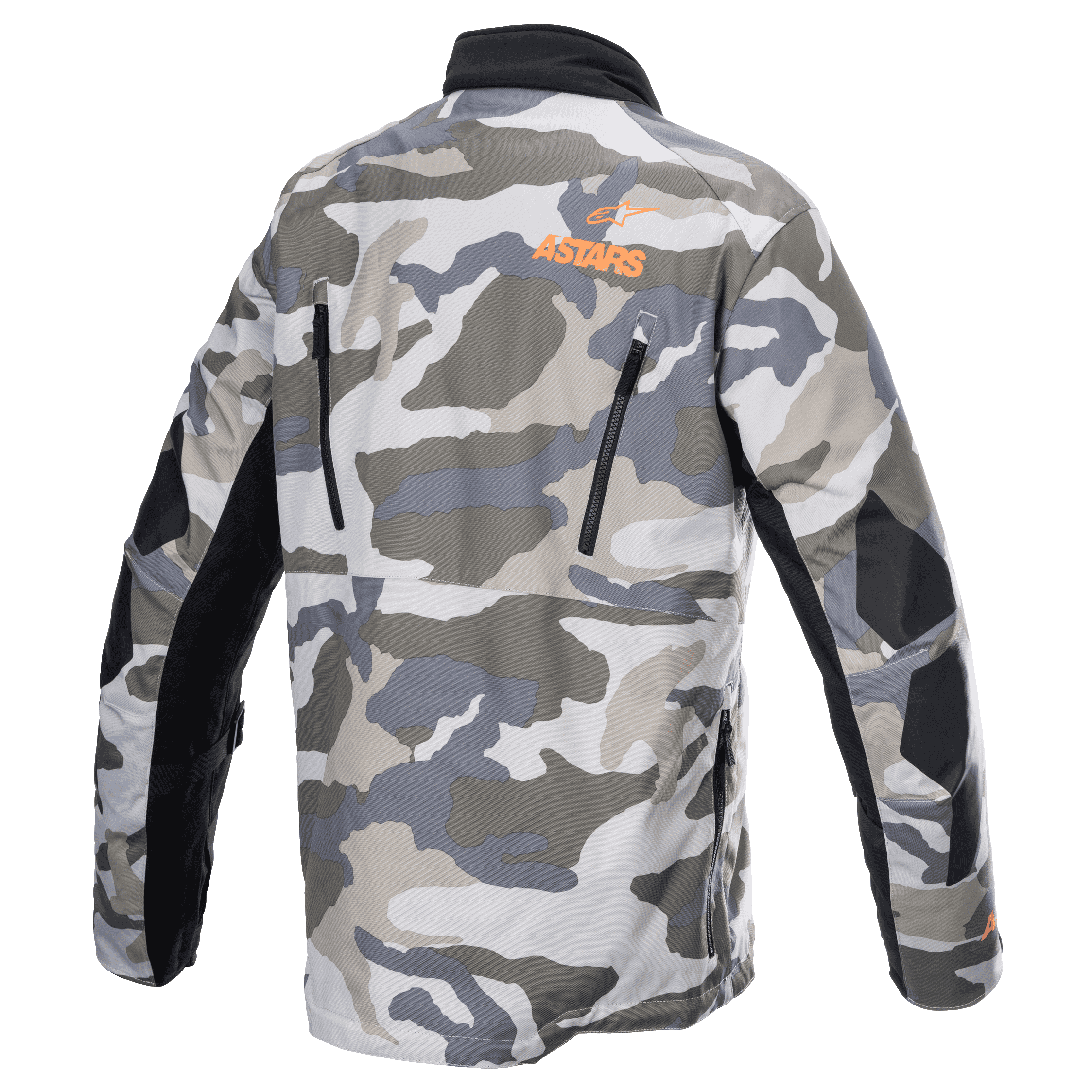 Kurtka Alpinestars Venture XT, Mojave Camo Orange Fluo, widok z tyłu, szaro-biały wzór kamuflażu, pomarańczowe logo ASTARS w górnej części pleców, czarne zamki wentylacyjne, wzmocnione panele na rękawach, motocyklowa kurtka adventure touring
