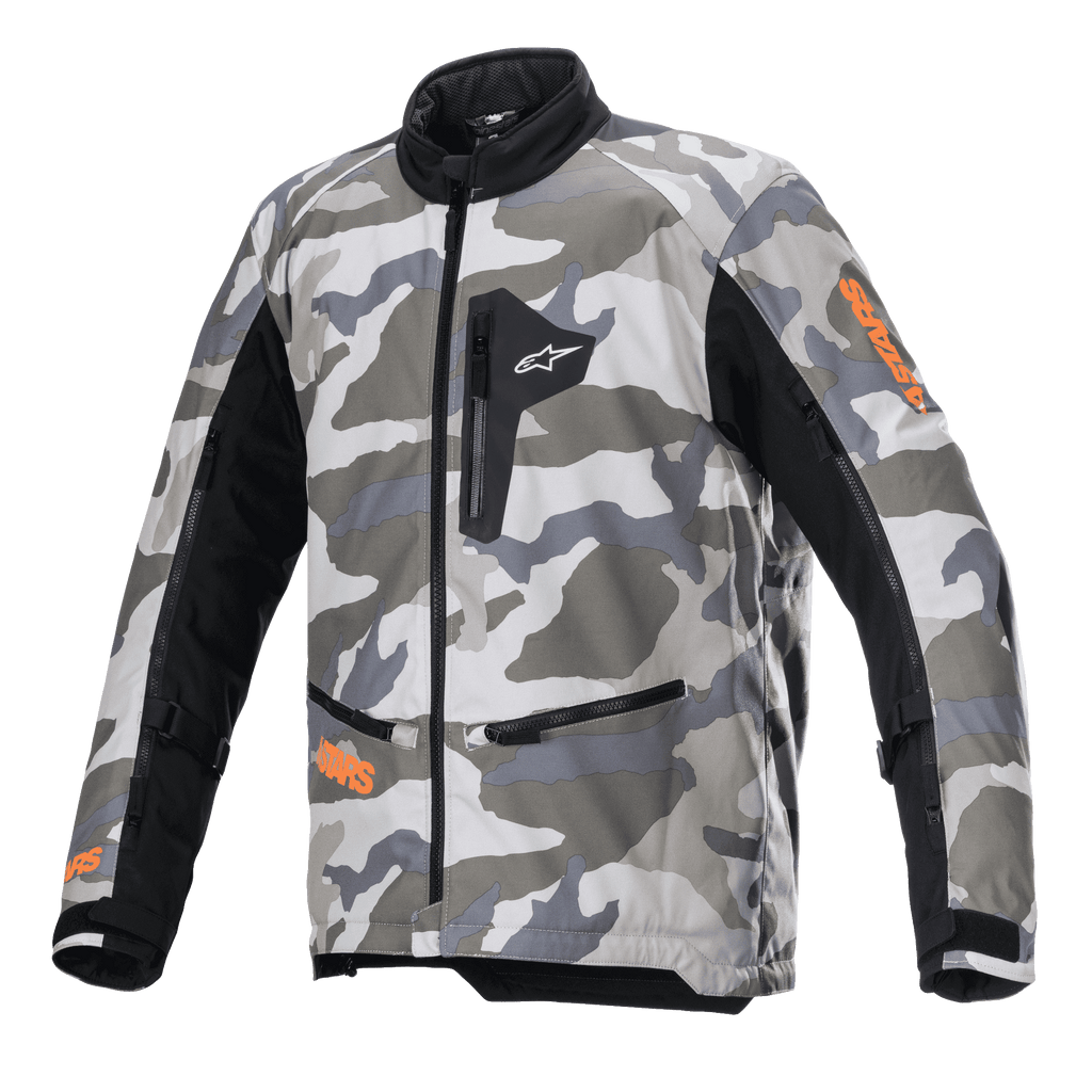 Kurtka Alpinestars Venture XT, motocyklowa kurtka adventure touring, wzór Mojave Camo w odcieniach szarości i bieli z pomarańczowymi akcentami fluo, czarne panele tekstylne na rękawach, kieszenie na piersi i w talii zapinane na zamek, wysoki kołnierz, wytrzymała konstrukcja tekstylna do jazdy off-road