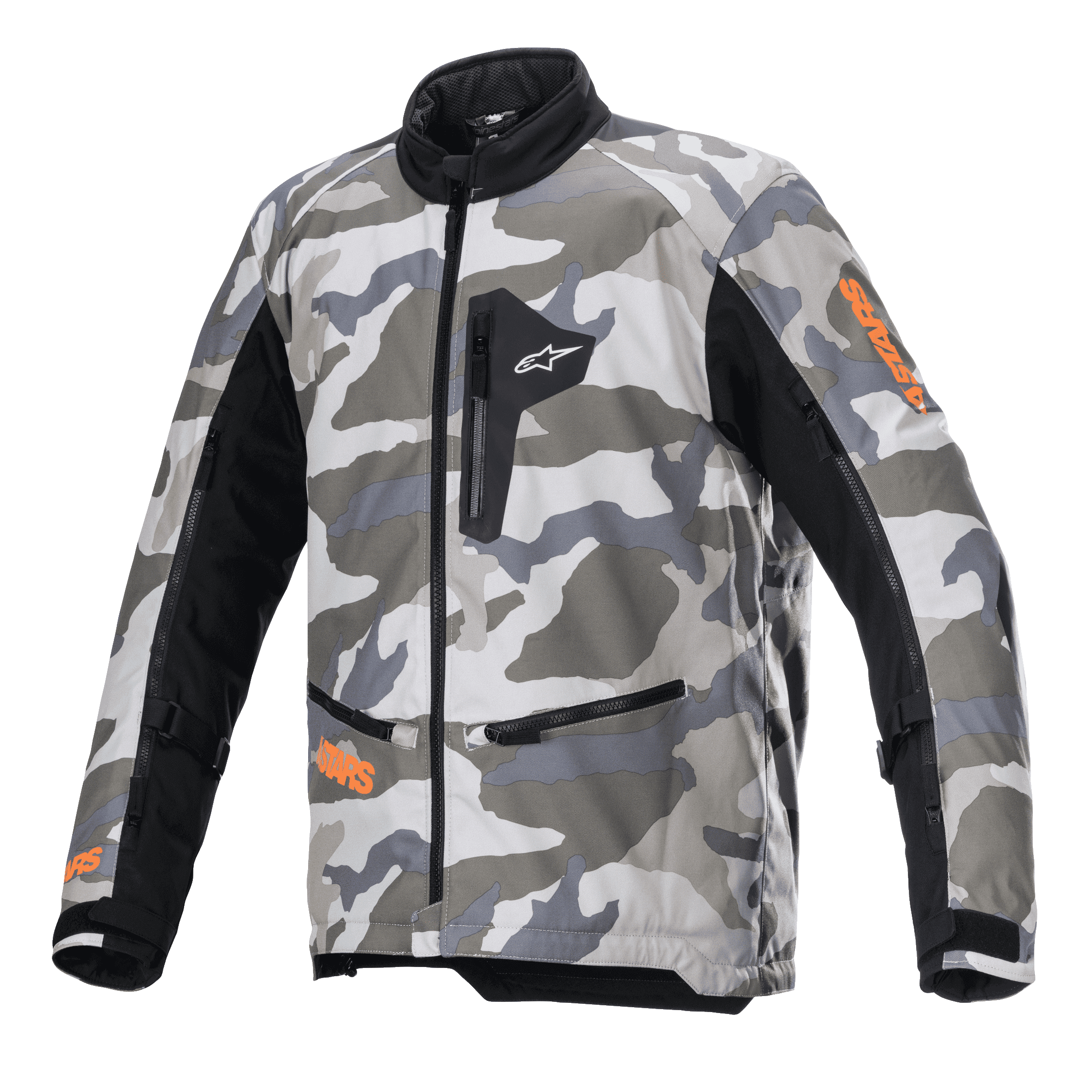 Kurtka Alpinestars Venture XT, motocyklowa kurtka adventure touring, wzór Mojave Camo w odcieniach szarości i bieli z pomarańczowymi akcentami fluo, czarne panele tekstylne na rękawach, kieszenie na piersi i w talii zapinane na zamek, wysoki kołnierz, wytrzymała konstrukcja tekstylna do jazdy off-road
