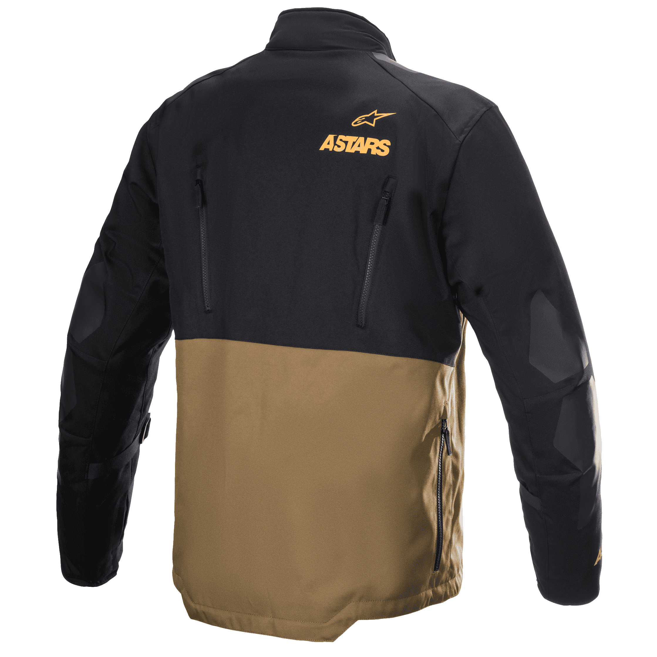Kurtka Alpinestars Venture XT, przygodowa kurtka motocyklowa touringowa, camel i czarna, widok z tyłu z pomarańczowym logo Astars, pionowymi zamkami wentylacyjnymi i wzmocnionymi panelami na łokciach