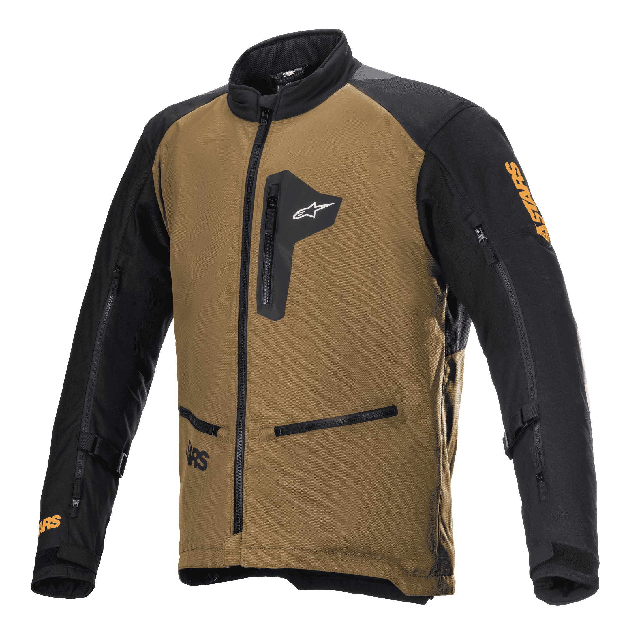 Alpinestars Venture XT Jacket, motocyklowa kurtka turystyczna adventure, camelowa i czarna, z kieszeniami na klatce piersiowej i bocznymi zapinanymi na zamek, zamkami wentylacyjnymi na rękawach, regulowanymi paskami na ramionach i pomarańczowym logo Astars