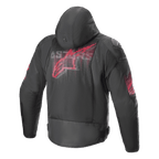 Alpinestars Zaca Air Venom WP Jacket, Black and Bright Red, rear view featuring a large stylized red logo on the back, textile motorcycle jacket with 3D mesh panels, detachable hood, and DFS Lite shoulder sliders, sport riding apparel.