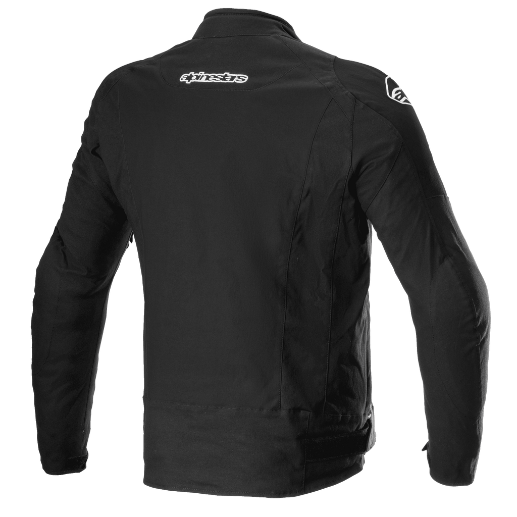 Alpinestars T-GP Force Jacket, tekstylna kurtka motocyklowa, czarna, widok z tyłu pokazujący branding Alpinestars na górnej części pleców i ramionach, dopasowany sportowy krój.