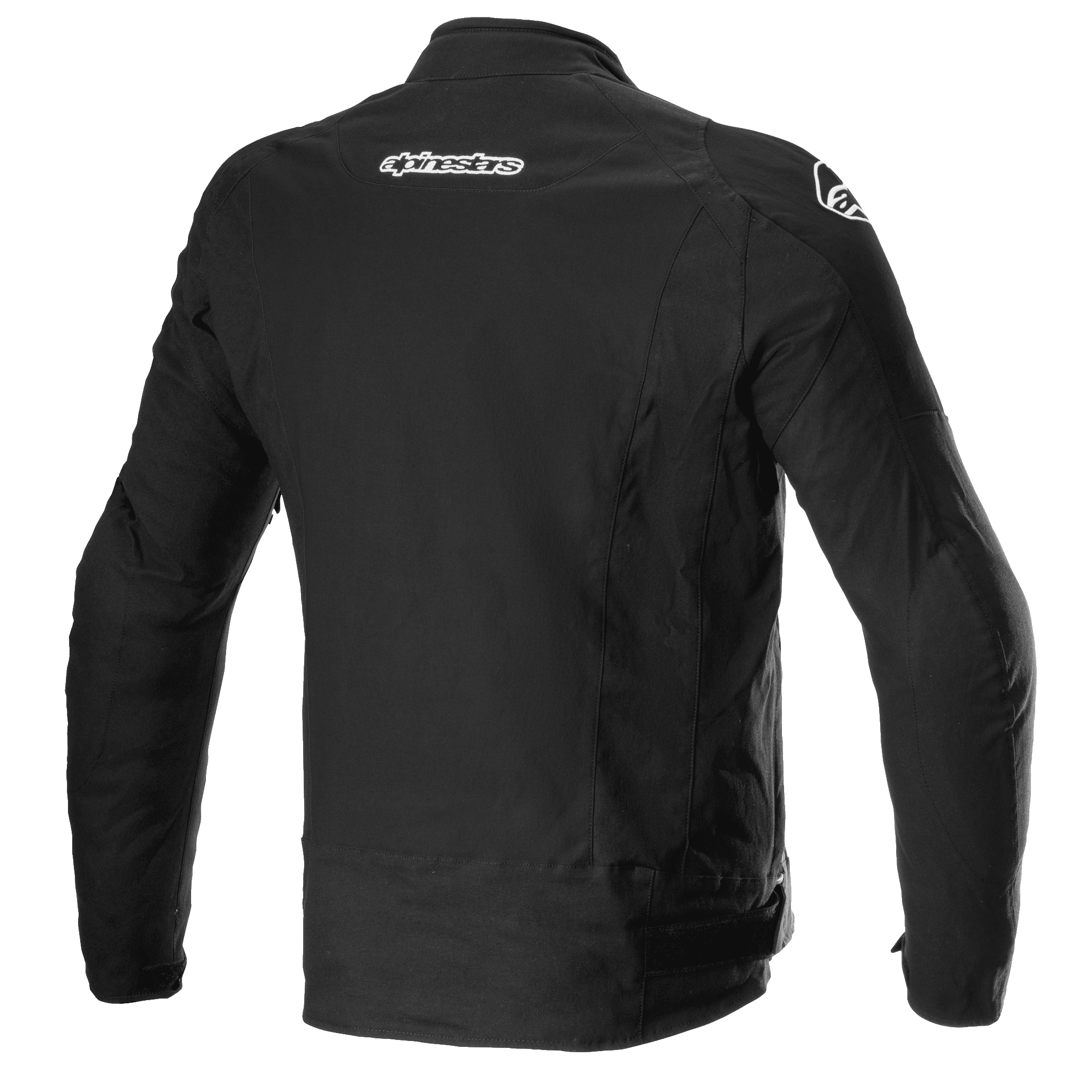 Alpinestars T-GP Force Jacket, tekstylna kurtka motocyklowa, czarna, widok z tyłu pokazujący branding Alpinestars na górnej części pleców i ramionach, dopasowany sportowy krój.