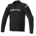 Alpinestars T-GP Force Jacket, czarna tekstylna kurtka motocyklowa, białe logo na klatce piersiowej i ramionach, pełny zamek błyskawiczny z przodu, wysoki kołnierz, wyprofilowane rękawy, sportowy krój do jazdy szosowej