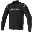 Alpinestars T-GP Force Jacket, czarna tekstylna kurtka motocyklowa, białe logo na klatce piersiowej i ramionach, pełny zamek błyskawiczny z przodu, wysoki kołnierz, wyprofilowane rękawy, sportowy krój do jazdy szosowej