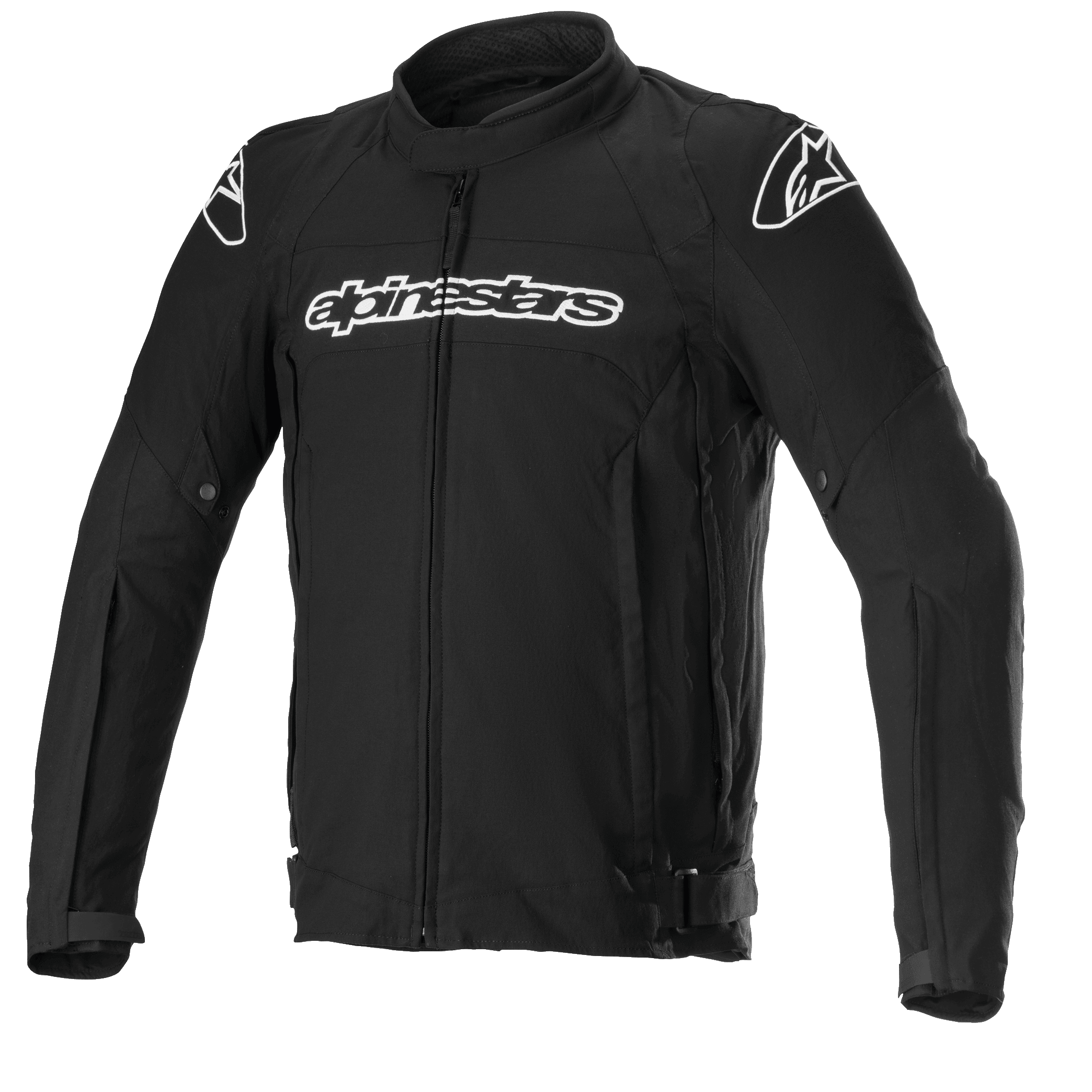 Alpinestars T-GP Force Jacket, czarna tekstylna kurtka motocyklowa, białe logo na klatce piersiowej i ramionach, pełny zamek błyskawiczny z przodu, wysoki kołnierz, wyprofilowane rękawy, sportowy krój do jazdy szosowej