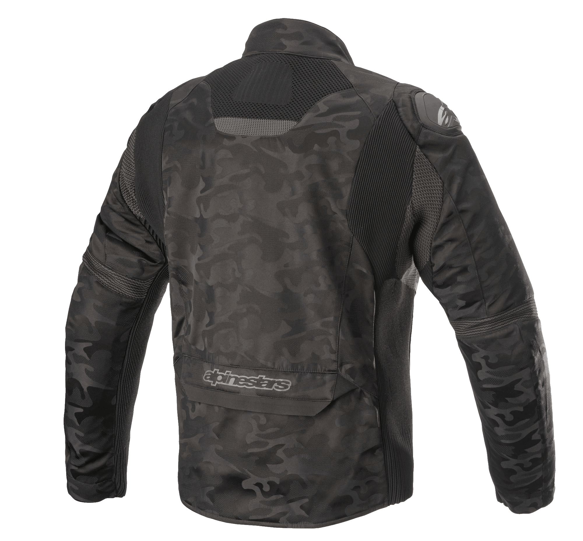 Alpinestars T SP-5 Rideknit® Textile Jacket, kurtka motocyklowa, kolor Black Camo, widok z tyłu z elastycznymi dzianinowymi panelami, wzór kamuflażu na materiale odpornym na ścieranie, logo Alpinestars w dolnej części pleców.