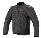 Alpinestars T SP-5 Rideknit® Textile Jacket, kurtka motocyklowa, Black Camo, z ciemnym wzorem kamuflażu, żebrowanymi panelami dzianinowymi dla elastyczności, zewnętrznymi sliderami na ramionach, wysokim kołnierzem i sportowym, dopasowanym krojem