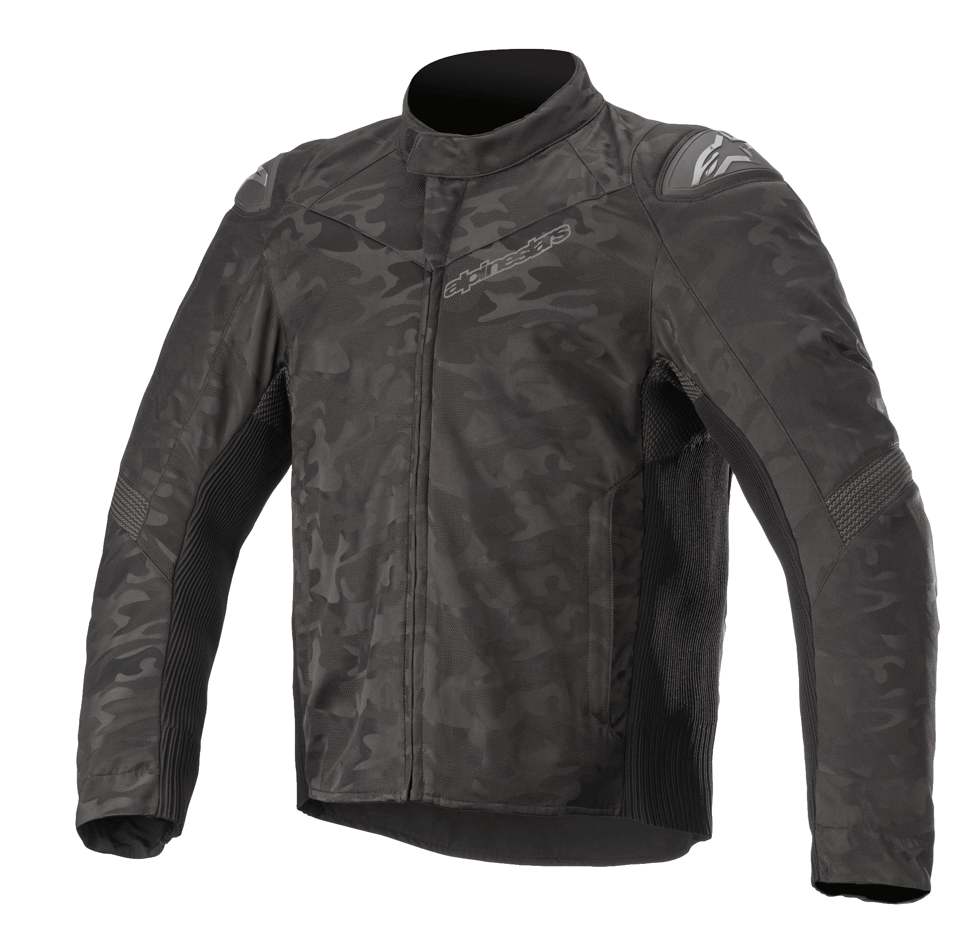 Alpinestars T SP-5 Rideknit® Textile Jacket, kurtka motocyklowa, Black Camo, z ciemnym wzorem kamuflażu, żebrowanymi panelami dzianinowymi dla elastyczności, zewnętrznymi sliderami na ramionach, wysokim kołnierzem i sportowym, dopasowanym krojem