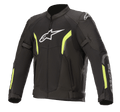 Alpinestars AST V2 Air Jacket, siateczkowa kurtka motocyklowa, czarna z jaskrawożółtymi elementami fluo, białe logo Astars na piersi, duże panele z siatki zapewniające wentylację, jaskrawożółte akcenty na rękawach i klatce piersiowej, regulowane paski na rękawach dla sportowego, ochronnego dopasowania
