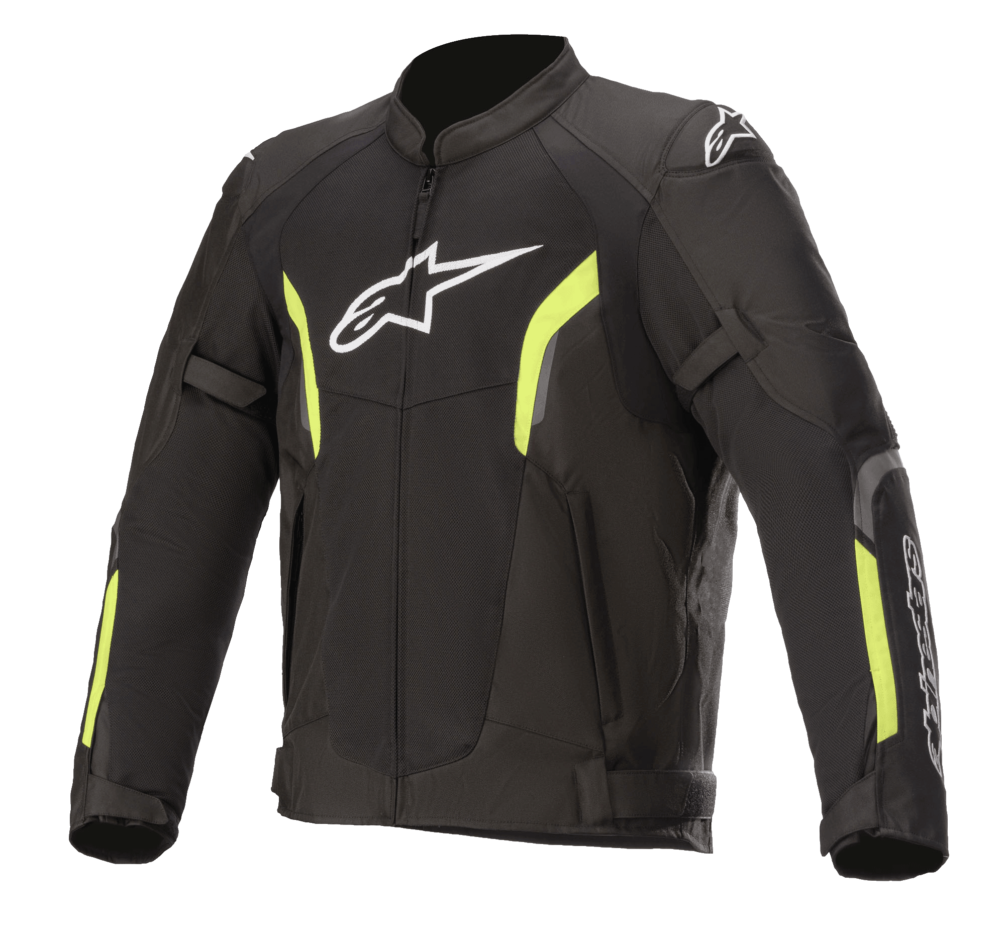 Alpinestars AST V2 Air Jacket, siateczkowa kurtka motocyklowa, czarna z jaskrawożółtymi elementami fluo, białe logo Astars na piersi, duże panele z siatki zapewniające wentylację, jaskrawożółte akcenty na rękawach i klatce piersiowej, regulowane paski na rękawach dla sportowego, ochronnego dopasowania