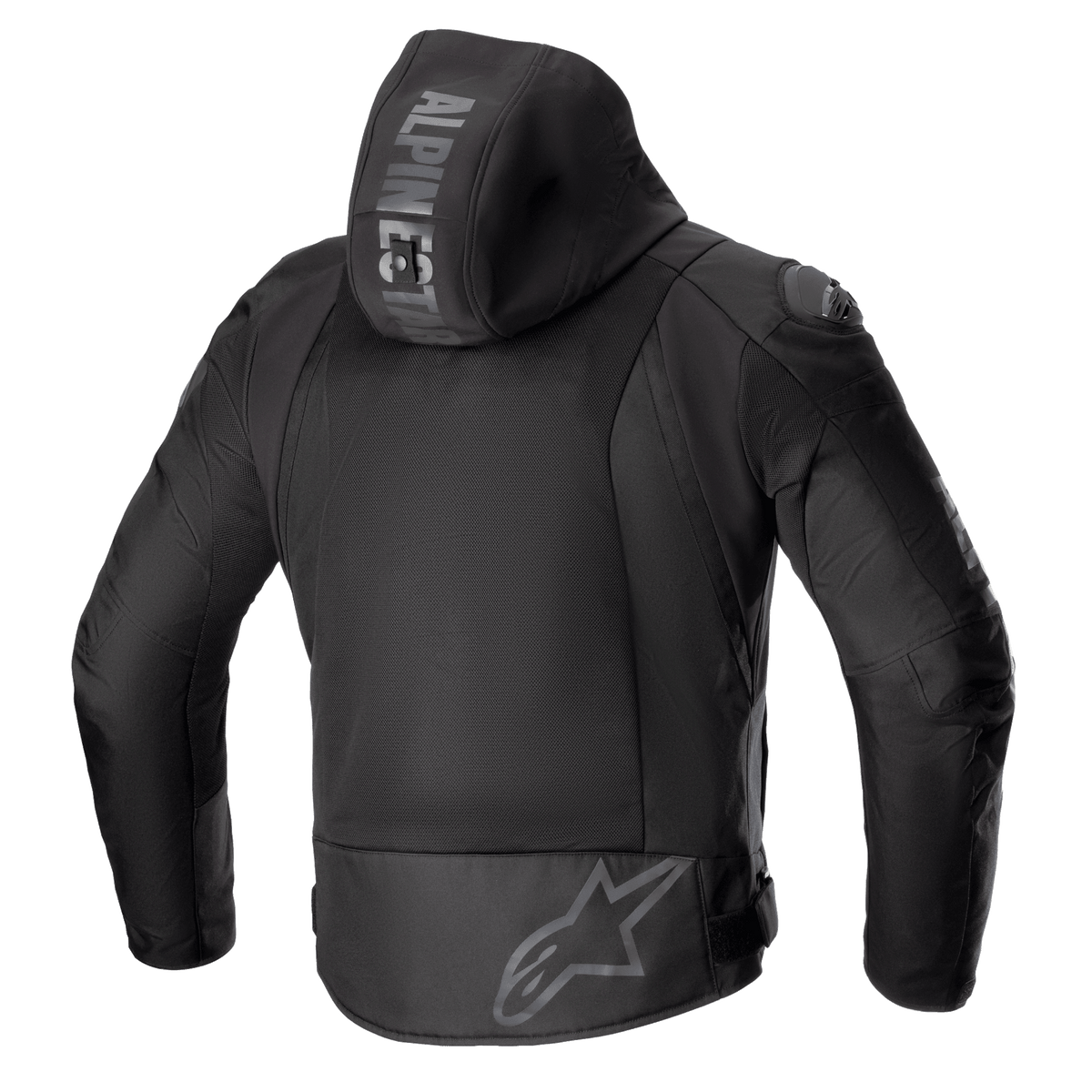 Alpinestars Zaca Air Jacket, Textile Motorcycle Jacket, Black, back view featuring large 3D mesh ventilation panels, detachable hood with Alpinestars branding, grey star logo on the lower back, protective road gear with DFS Lite shoulder sliders