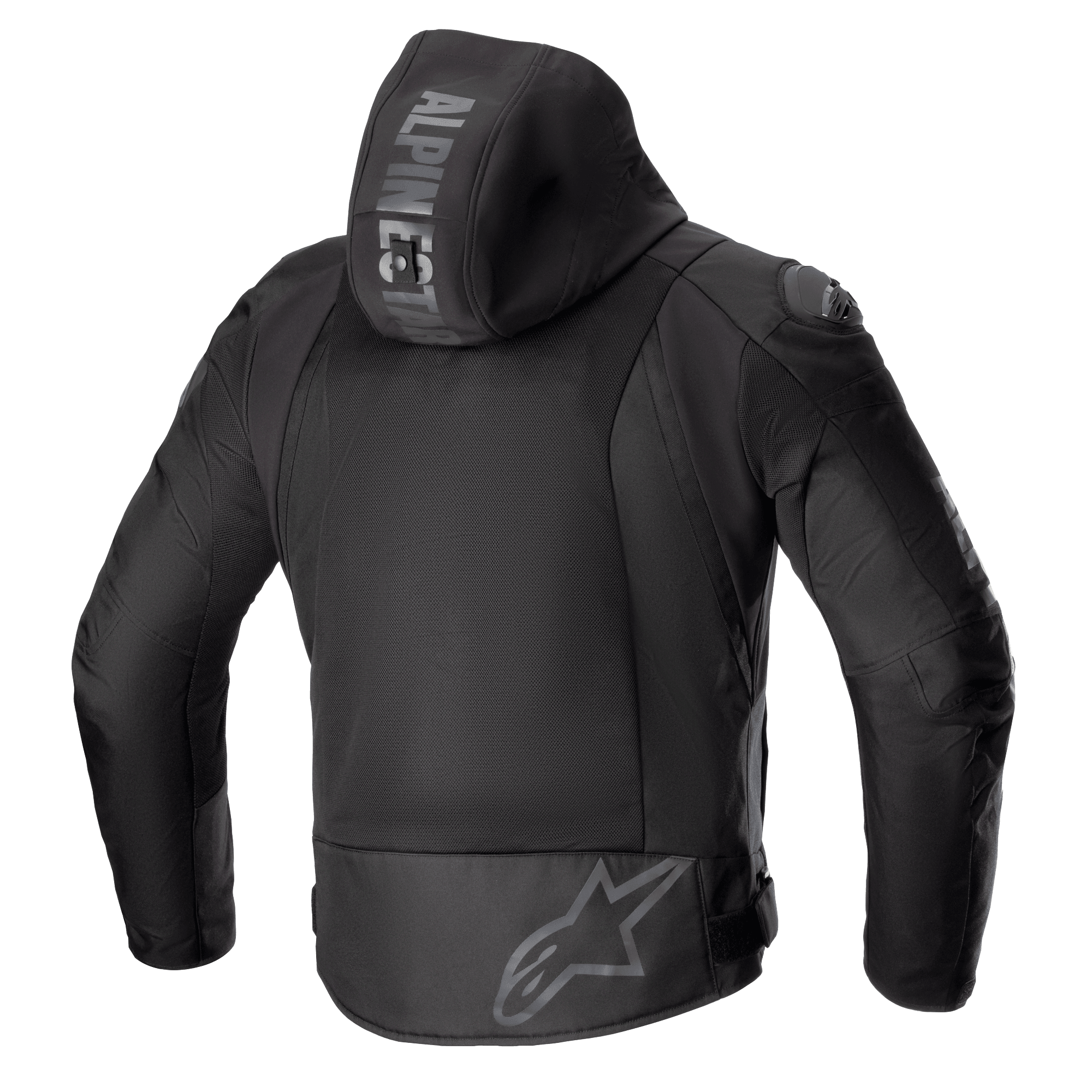 Alpinestars Zaca Air Jacket, Textile Motorcycle Jacket, Black, back view featuring large 3D mesh ventilation panels, detachable hood with Alpinestars branding, grey star logo on the lower back, protective road gear with DFS Lite shoulder sliders