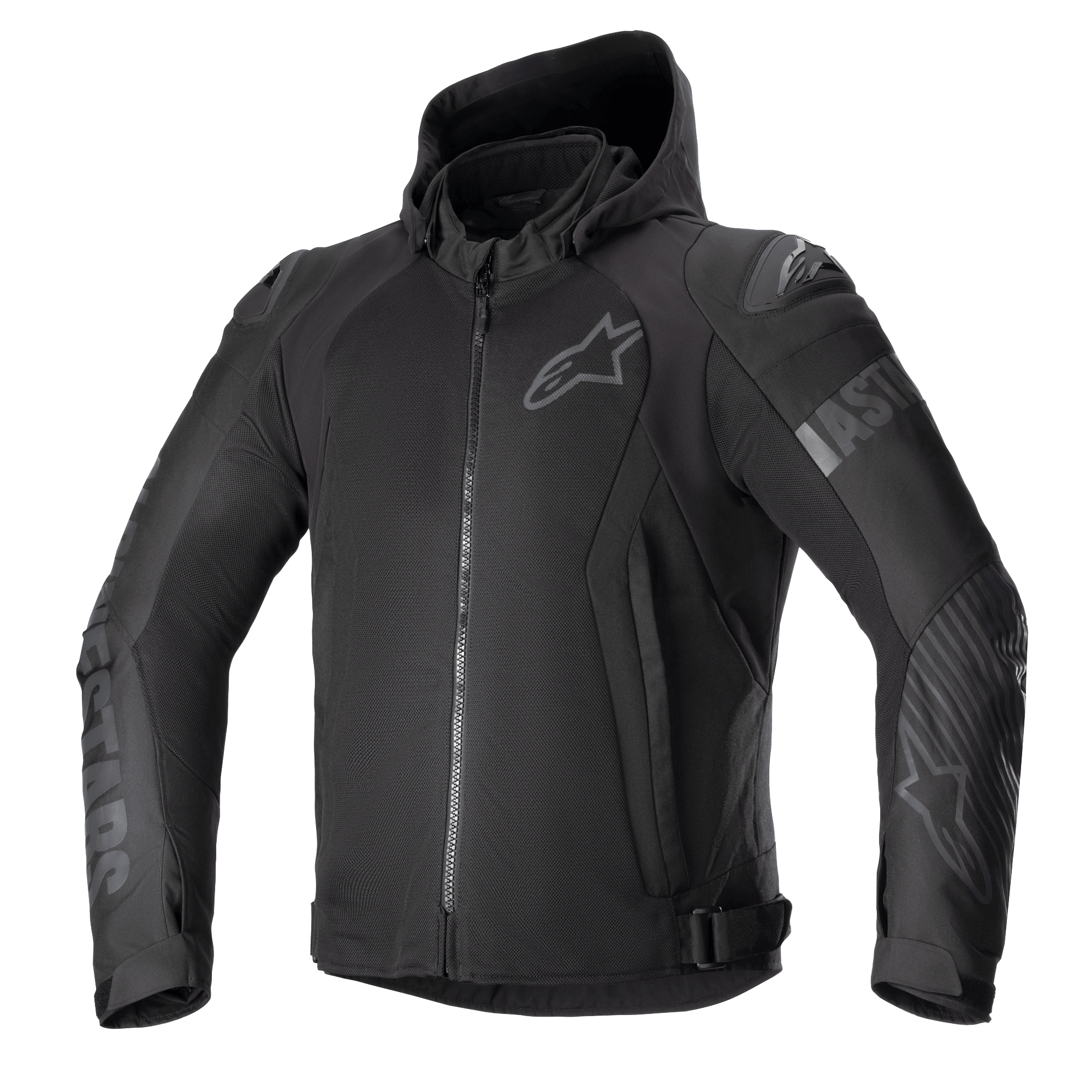 Alpinestars Zaca Air Jacket, Black Textile Motorcycle Jacket, Hooded design with front zipper, 3D mesh panels for breathability, external DFS Lite shoulder sliders, tonal logos on chest and arms, adjustable waist straps, sporty street style