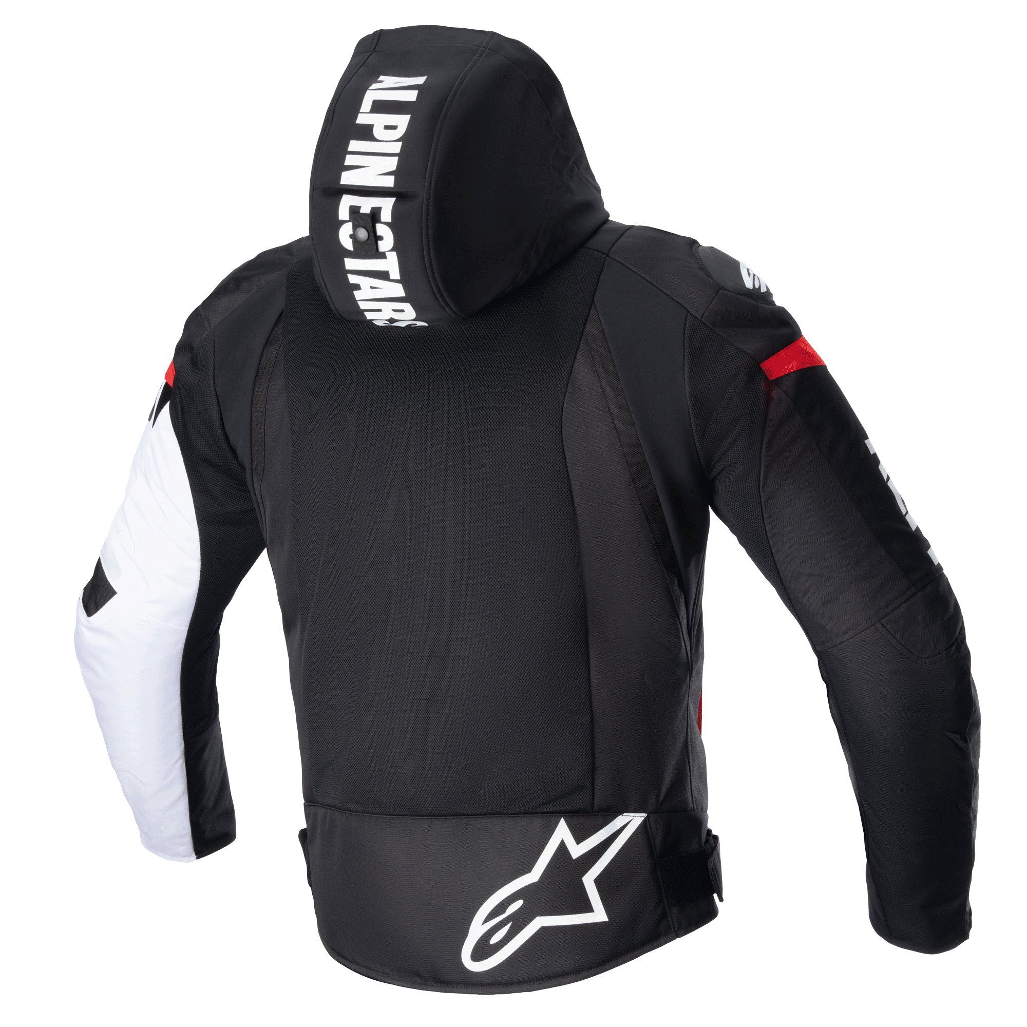 Alpinestars Zaca Air Jacket, tekstylna kurtka motocyklowa, czarno-biało-czerwona (Fluo), widok z tyłu przedstawiający odpinany kaptur z wyraźnym napisem, duży panel z siatki 3D na plecach zapewniający wentylację oraz białe logo Astars w dolnej części pleców.