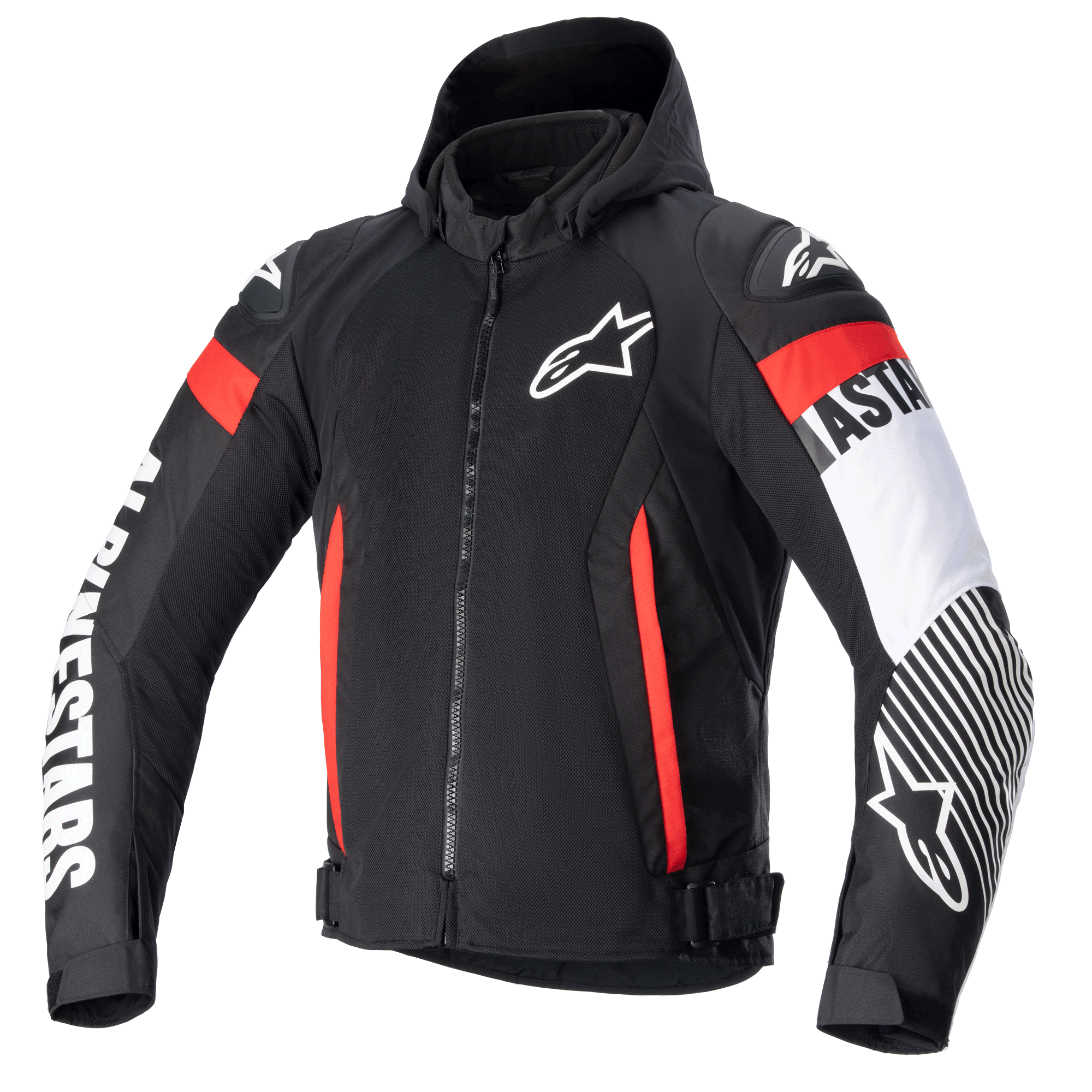 Alpinestars Zaca Air Jacket, czarna tekstylna kurtka motocyklowa z czerwonymi i białymi akcentami fluo, odpinany kaptur, panele z siatki 3D zapewniające wentylację, wyraźne białe logo Alpinestars na rękawach, logo gwiazdy na piersi, regulowane paski w talii