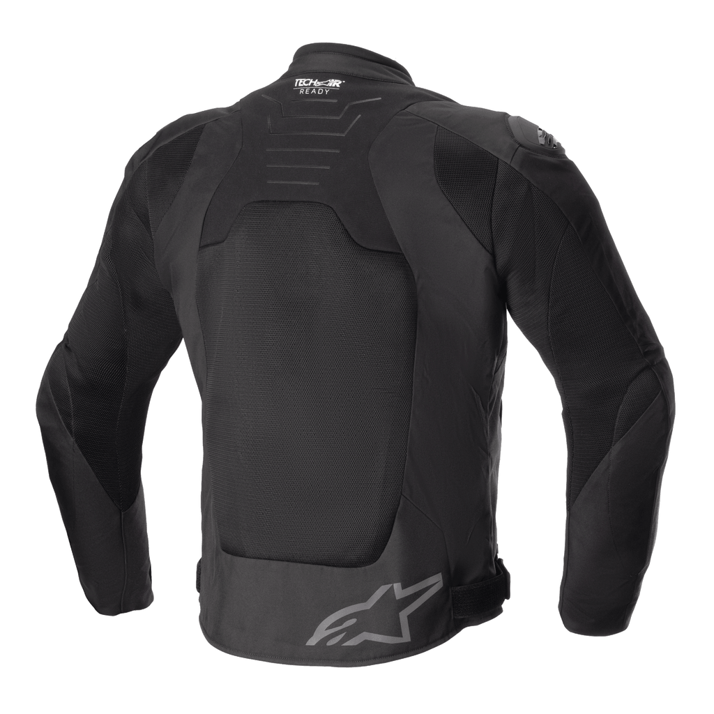 Alpinestars SMX Air Jacket, czarna, widok z tyłu, duże panele z technicznej siatki dla wentylacji, branding Tech-Air Ready na górnej części pleców, logo gwiazdy Alpinestars na dolnej części pleców, sportowa tekstylna kurtka motocyklowa