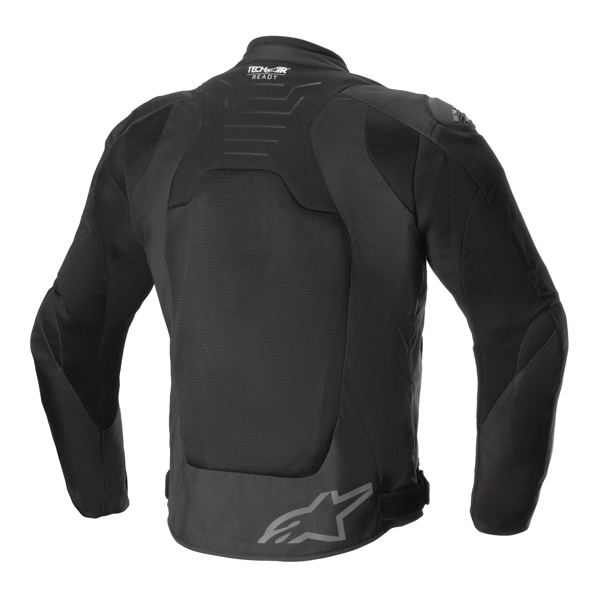 Alpinestars SMX Air Jacket, czarna, widok z tyłu, duże panele z technicznej siatki dla wentylacji, branding Tech-Air Ready na górnej części pleców, logo gwiazdy Alpinestars na dolnej części pleców, sportowa tekstylna kurtka motocyklowa