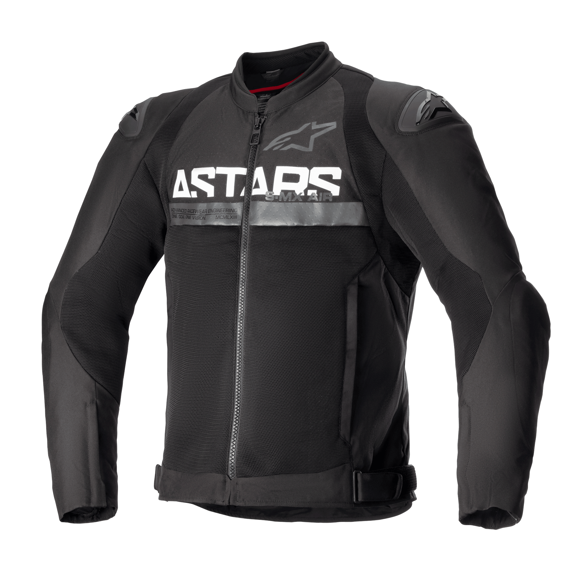 Alpinestars SMX Air Jacket, Black Textile Motorcycle Jacket, featuring mesh ventilation panels, prominent white ASTARS branding on the chest, DFS Lite external shoulder sliders, and a front zipper closure in a fitted racing design.
