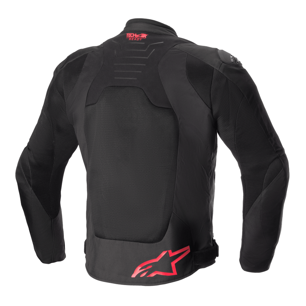 Alpinestars SMX Air Jacket, widok z tyłu, czarna z jaskrawoczerwonymi akcentami, wentylowany siatkowy panel na plecach, branding Tech-Air Ready na górze pleców, czerwone logo Alpinestars na dole pleców, sportowa kurtka motocyklowa