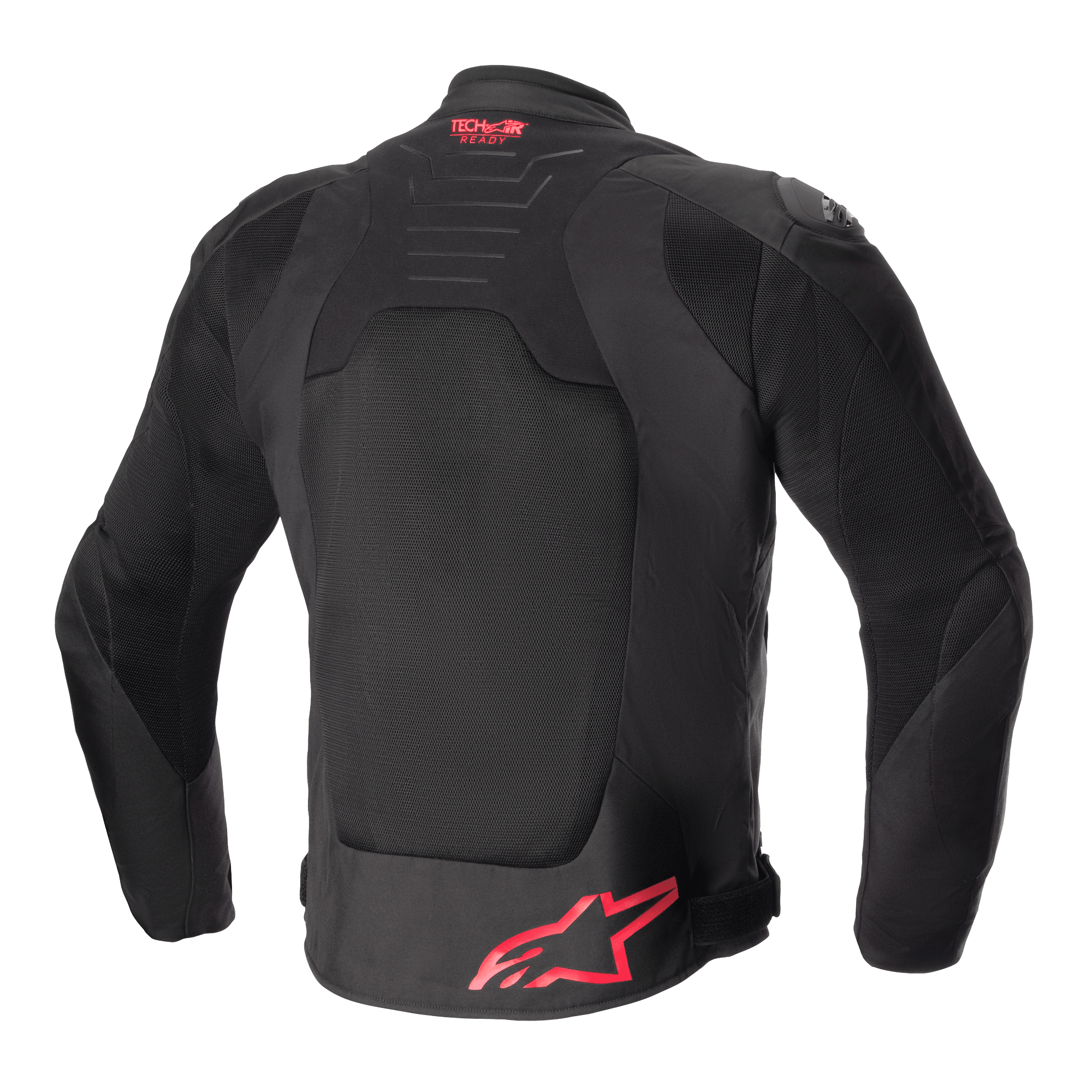 Alpinestars SMX Air Jacket, widok z tyłu, czarna z jaskrawoczerwonymi akcentami, wentylowany siatkowy panel na plecach, branding Tech-Air Ready na górze pleców, czerwone logo Alpinestars na dole pleców, sportowa kurtka motocyklowa