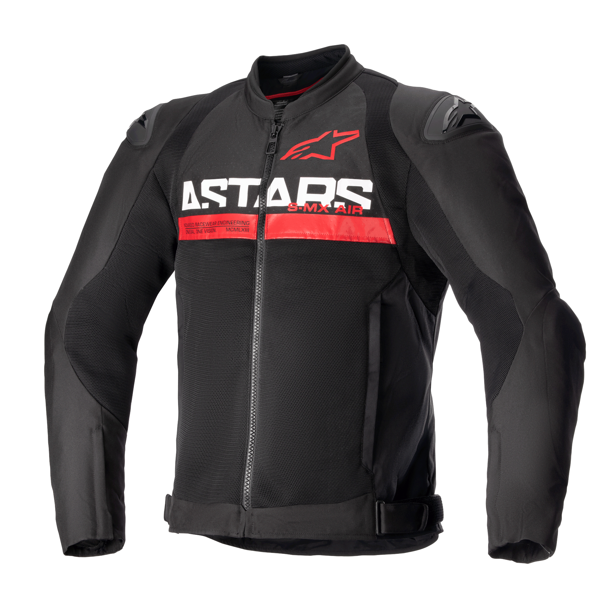 Alpinestars SMX Air Jacket, sportowa kurtka motocyklowa, czarno-czerwona, z wyraźnym białym napisem „ASTARS” i czerwonym poziomym pasem na piersi, wentylowane panele z siatki, zewnętrzne ślizgacze ramion DFS Lite, ochronna letnia odzież motocyklowa