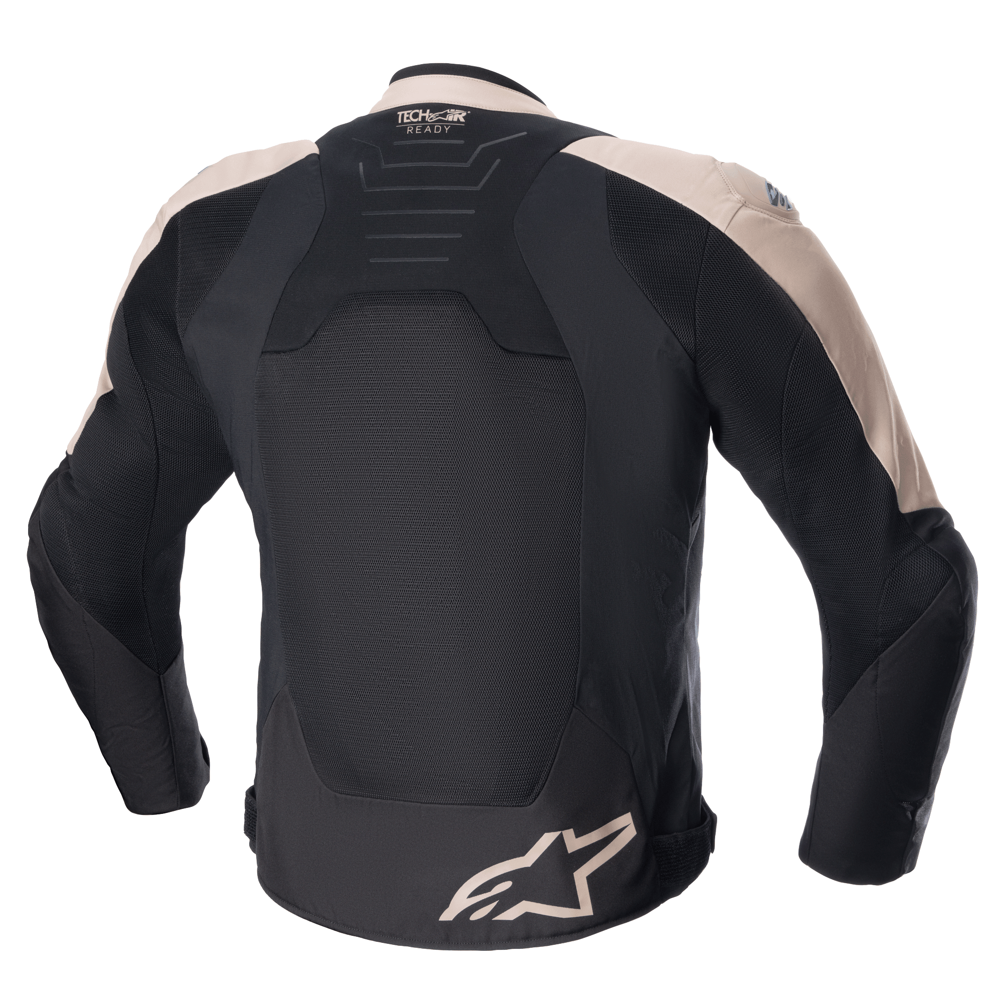 Alpinestars SMX Air Jacket, sportowa kurtka motocyklowa, jasnobrązowa i czarna, widok z tyłu prezentujący wentylowane panele z technicznej siatki, oznaczenie Tech-Air Ready w górnej części pleców oraz logo Alpinestars na dolnej krawędzi.