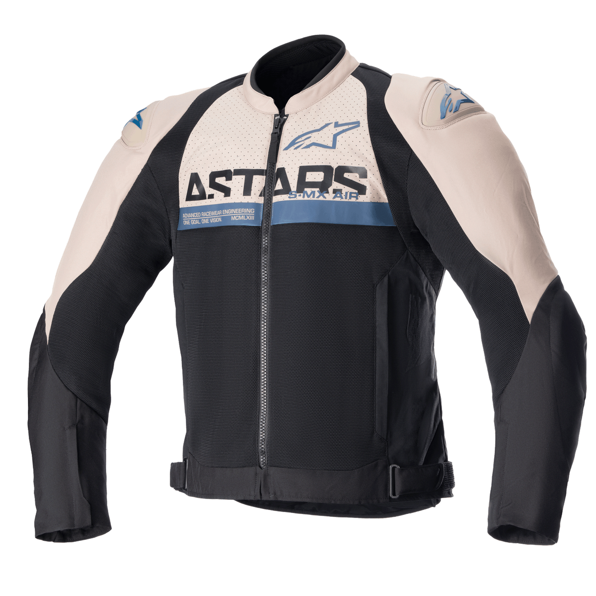 Alpinestars SMX Air Jacket, sportowa kurtka motocyklowa, jasnobrązowa i czarna z niebieskimi akcentami sodalite, panele wentylacyjne z siatki mesh, logo ASTARS na klatce piersiowej, zapięcie na zamek z przodu, regulowane paski w talii, ochronne slidery na ramionach
