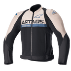 Alpinestars SMX Air Jacket, sportowa kurtka motocyklowa, jasnobrązowa i czarna z niebieskimi akcentami sodalite, panele wentylacyjne z siatki mesh, logo ASTARS na klatce piersiowej, zapięcie na zamek z przodu, regulowane paski w talii, ochronne slidery na ramionach