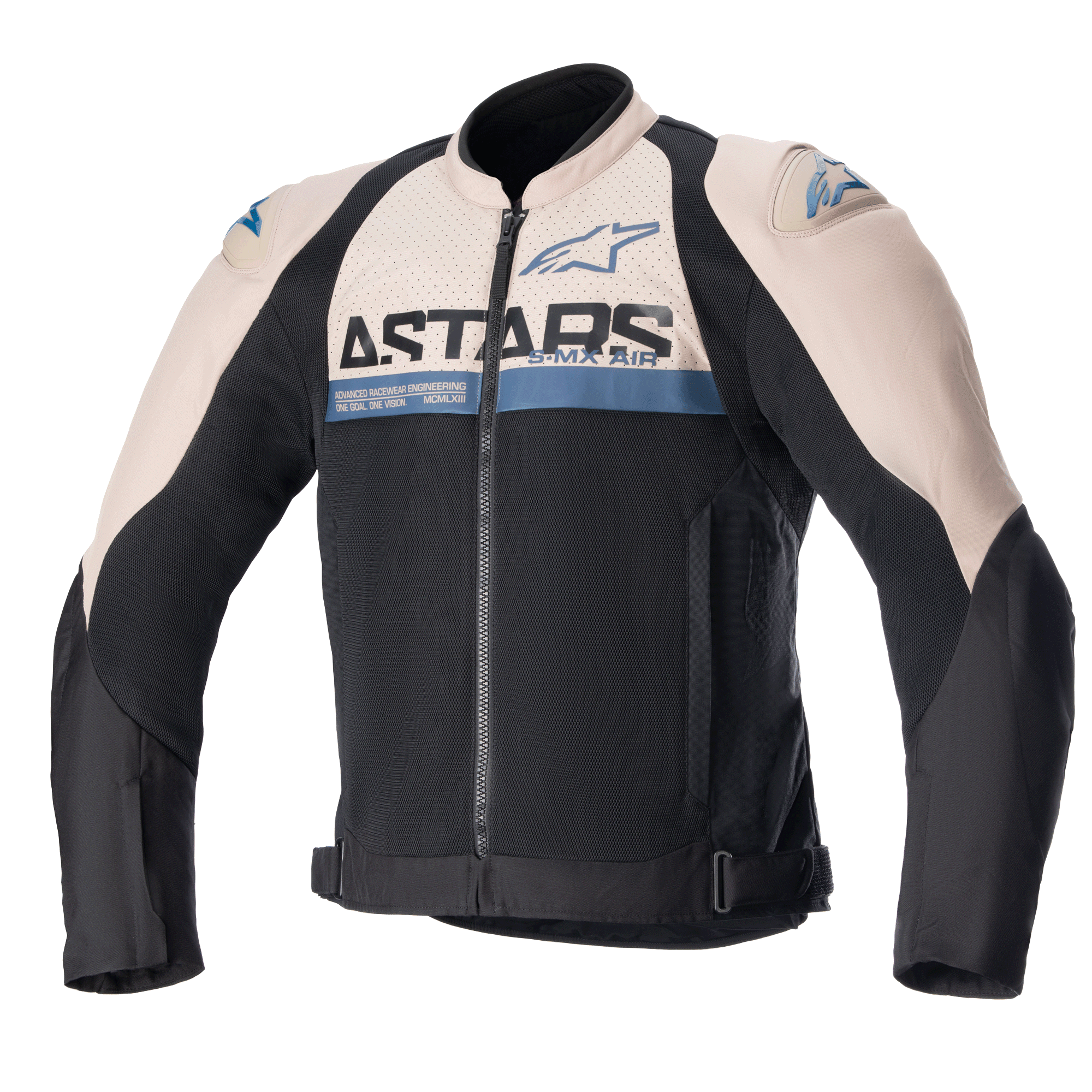 Alpinestars SMX Air Jacket, sportowa kurtka motocyklowa, jasnobrązowa i czarna z niebieskimi akcentami sodalite, panele wentylacyjne z siatki mesh, logo ASTARS na klatce piersiowej, zapięcie na zamek z przodu, regulowane paski w talii, ochronne slidery na ramionach
