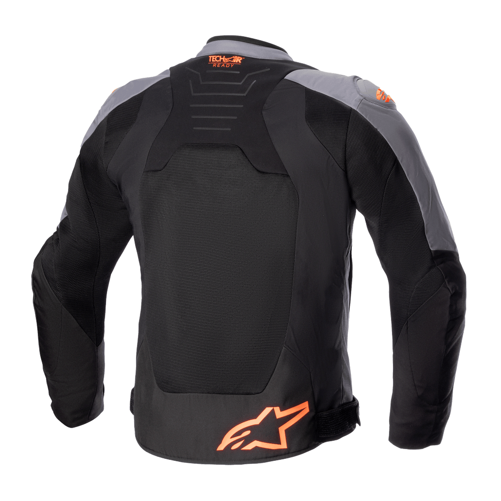 Kurtka Alpinestars SMX Air, tekstylna kurtka motocyklowa, czarna i ciemnoszara z neonowym pomarańczowym, widok z tyłu pokazujący duże panele z siatki, logo Tech-Air Ready na górze pleców i pomarańczowe logo gwiazdy na dole.