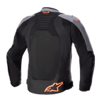 Kurtka Alpinestars SMX Air, tekstylna kurtka motocyklowa, czarna i ciemnoszara z neonowym pomarańczowym, widok z tyłu pokazujący duże panele z siatki, logo Tech-Air Ready na górze pleców i pomarańczowe logo gwiazdy na dole.
