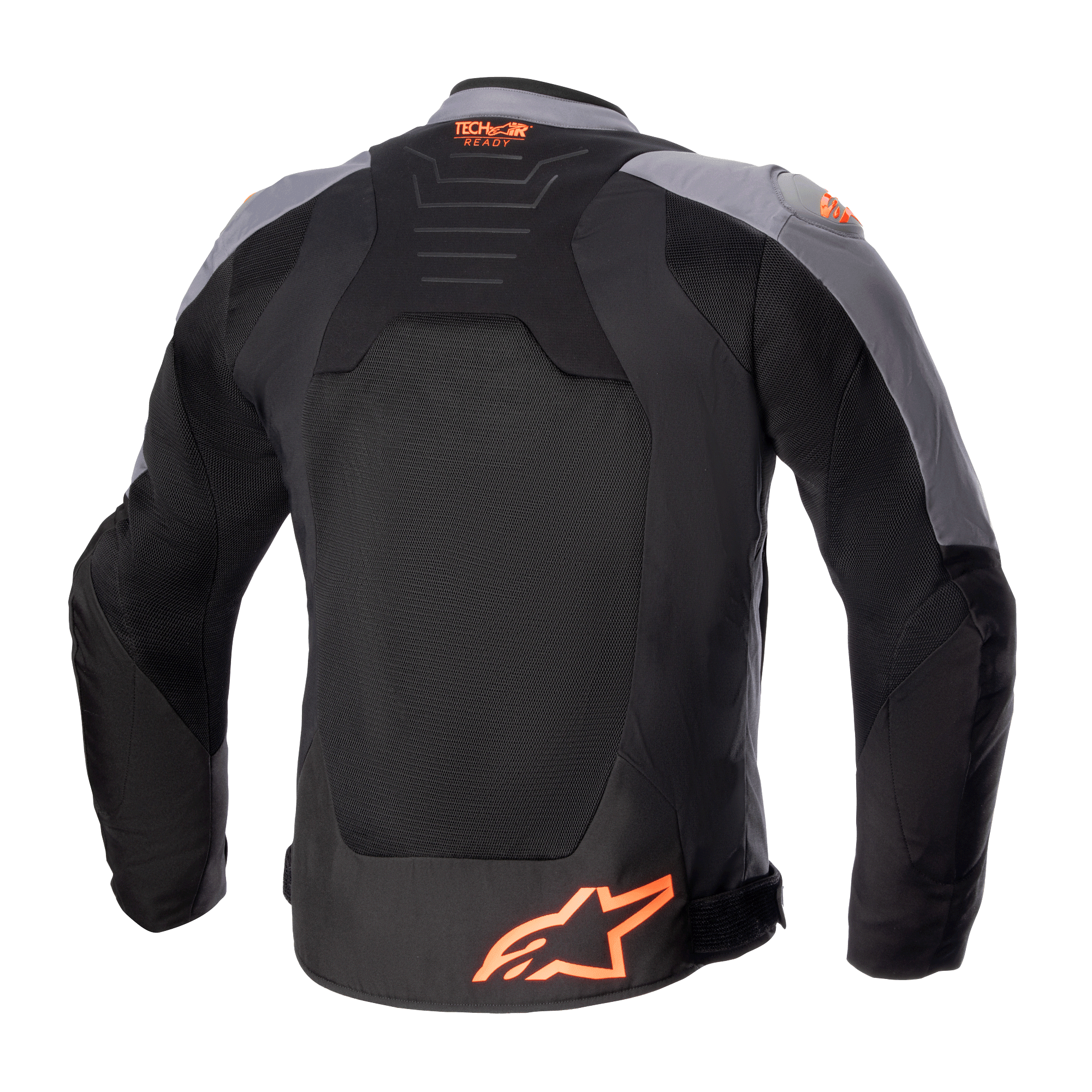 Kurtka Alpinestars SMX Air, tekstylna kurtka motocyklowa, czarna i ciemnoszara z neonowym pomarańczowym, widok z tyłu pokazujący duże panele z siatki, logo Tech-Air Ready na górze pleców i pomarańczowe logo gwiazdy na dole.