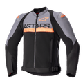 Kurtka Alpinestars SMX Air, sportowa kurtka motocyklowa, ciemnoszara i czarna z jaskrawopomarańczowymi akcentami, perforowane panele z siatki technicznej, wyraźne logo ASTARS na klatce piersiowej, długie rękawy, zamek błyskawiczny z przodu, regulowane paski w talii, techniczna wentylowana odzież motocyklowa