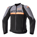 Kurtka Alpinestars SMX Air, sportowa kurtka motocyklowa, ciemnoszara i czarna z jaskrawopomarańczowymi akcentami, perforowane panele z siatki technicznej, wyraźne logo ASTARS na klatce piersiowej, długie rękawy, zamek błyskawiczny z przodu, regulowane paski w talii, techniczna wentylowana odzież motocyklowa