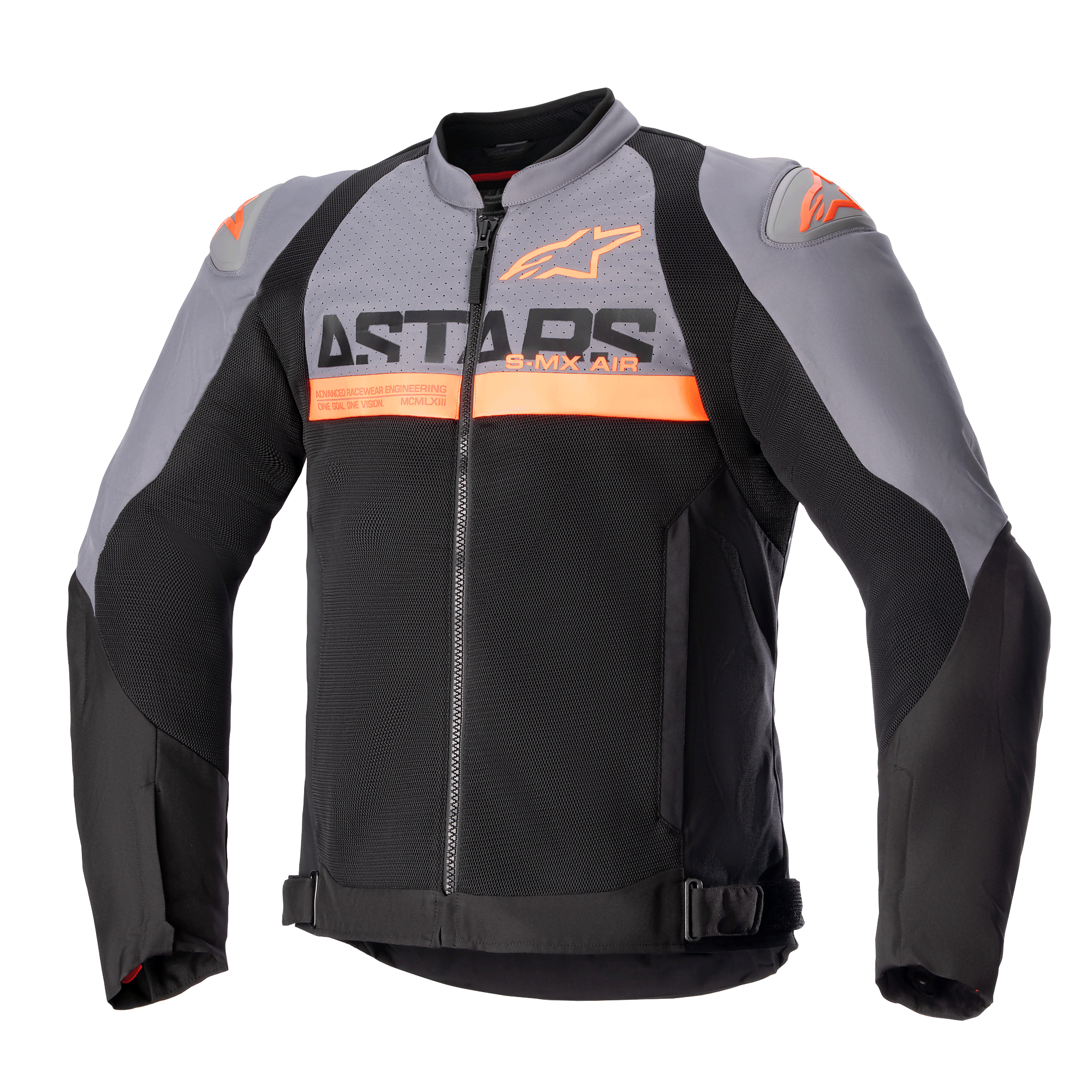 Kurtka Alpinestars SMX Air, sportowa kurtka motocyklowa, ciemnoszara i czarna z jaskrawopomarańczowymi akcentami, perforowane panele z siatki technicznej, wyraźne logo ASTARS na klatce piersiowej, długie rękawy, zamek błyskawiczny z przodu, regulowane paski w talii, techniczna wentylowana odzież motocyklowa