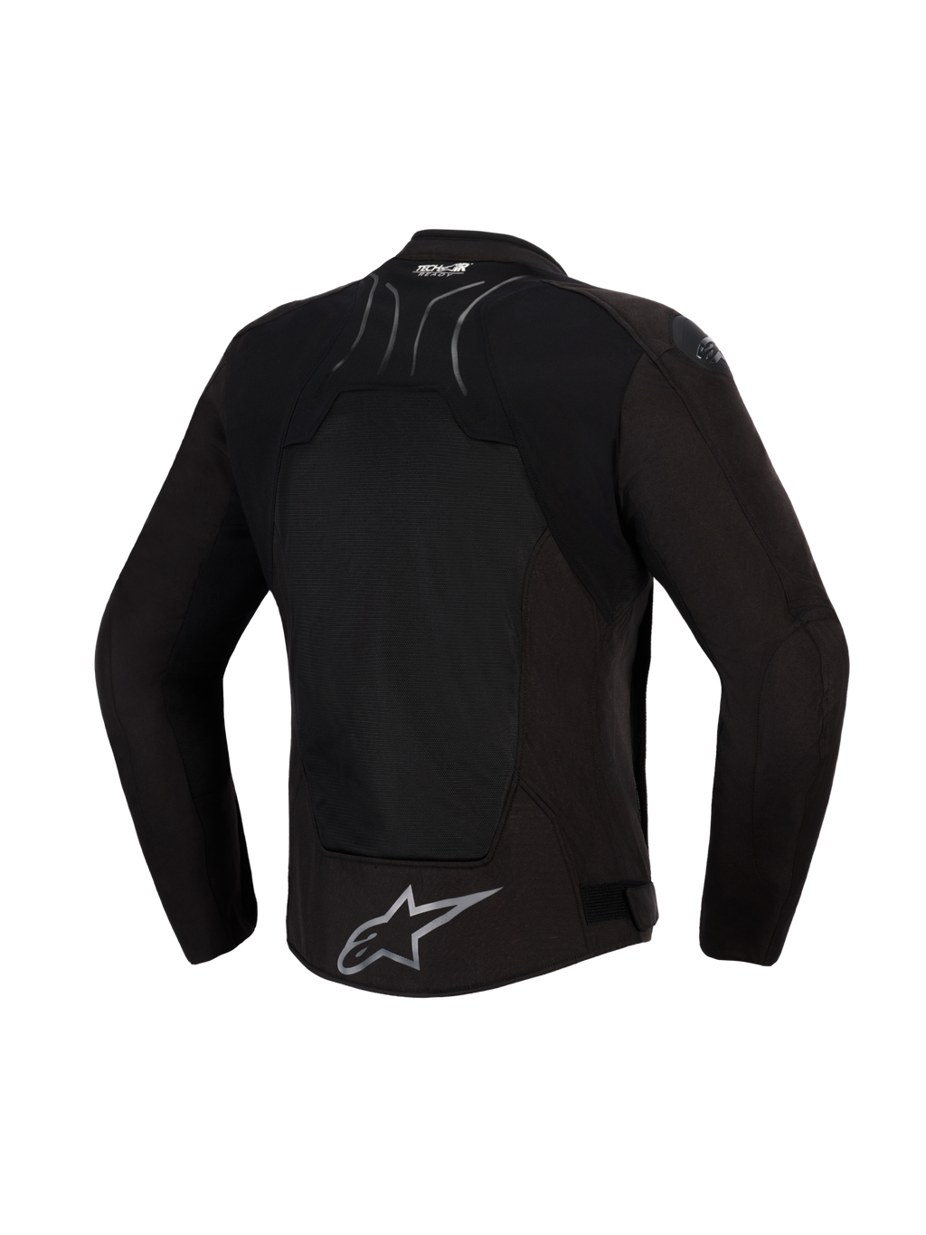 Kurtka Alpinestars SMX Air, Black Anthracite, widok z tyłu, z dużym panelem z siatki technicznej na plecach dla lepszej wentylacji, oznaczeniem Tech-Air® Ready w górnej części pleców i srebrnym logo gwiazdy Alpinestars na dolnej krawędzi, zaprojektowana do sportowej jazdy w ciepłe dni.