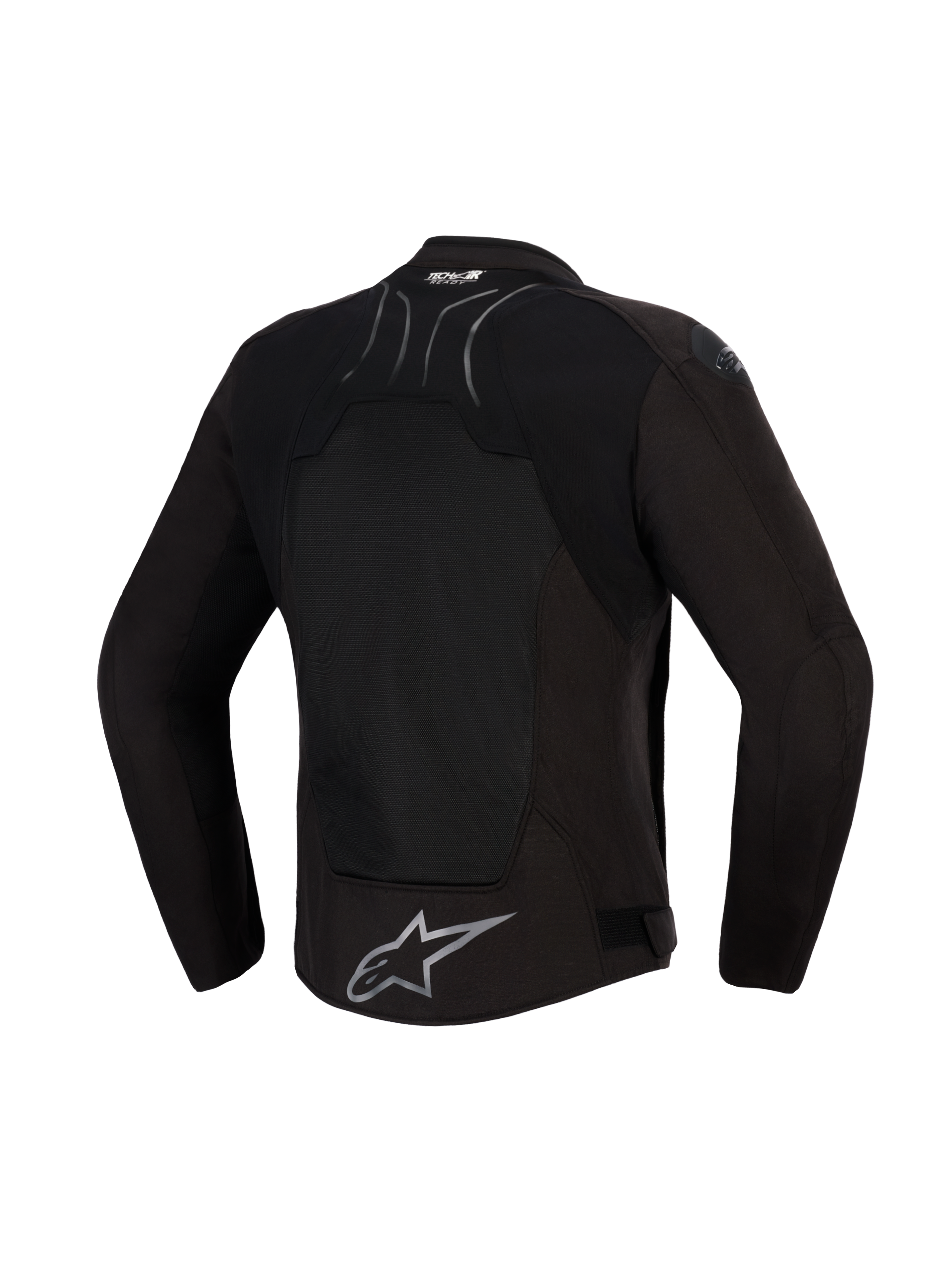Kurtka Alpinestars SMX Air, Black Anthracite, widok z tyłu, z dużym panelem z siatki technicznej na plecach dla lepszej wentylacji, oznaczeniem Tech-Air® Ready w górnej części pleców i srebrnym logo gwiazdy Alpinestars na dolnej krawędzi, zaprojektowana do sportowej jazdy w ciepłe dni.