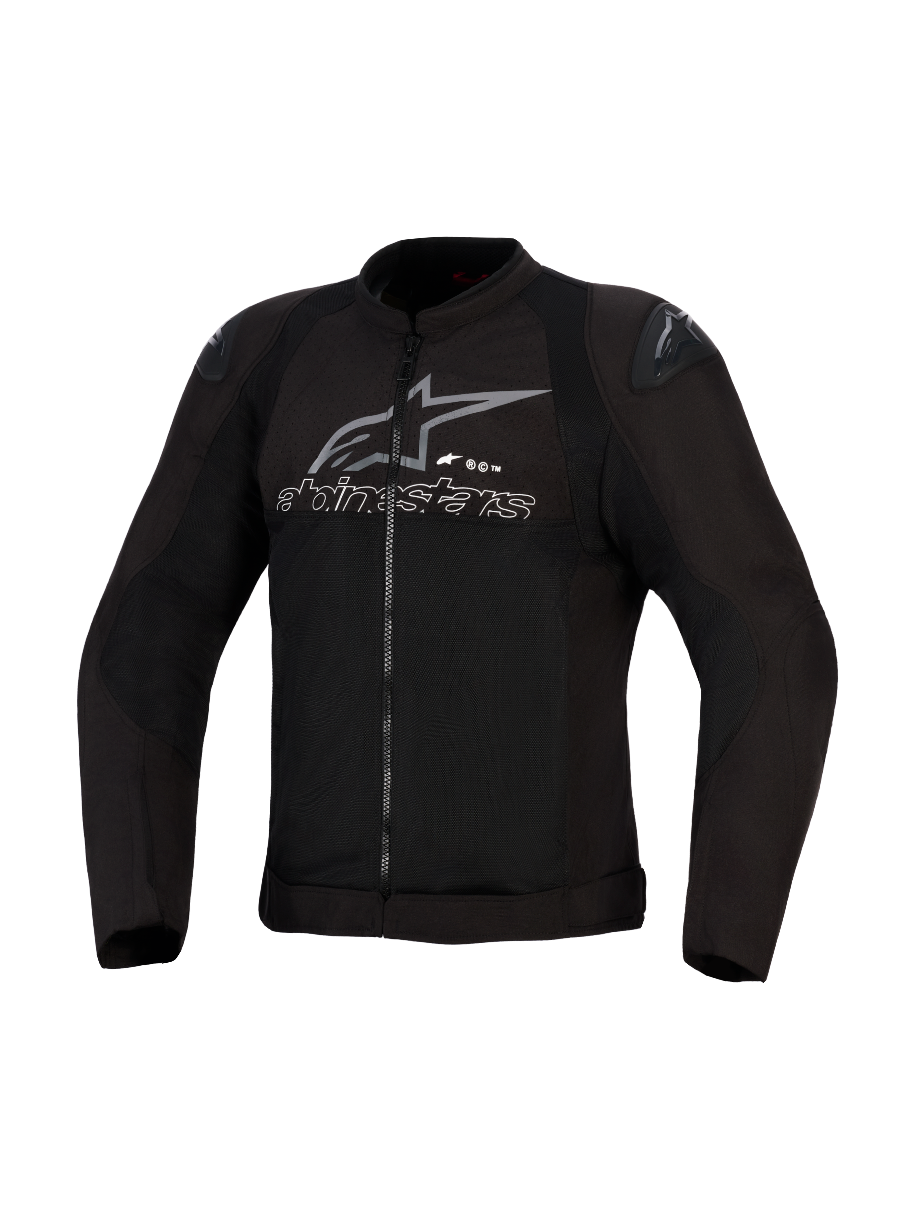 Alpinestars SMX Air Jacket, czarno-antracytowa, wentylowana tekstylna kurtka motocyklowa, panele z siatki o wysokim przepływie powietrza, slidery ramion DFS Lite, szare logo i napis Alpinestars na klatce piersiowej
